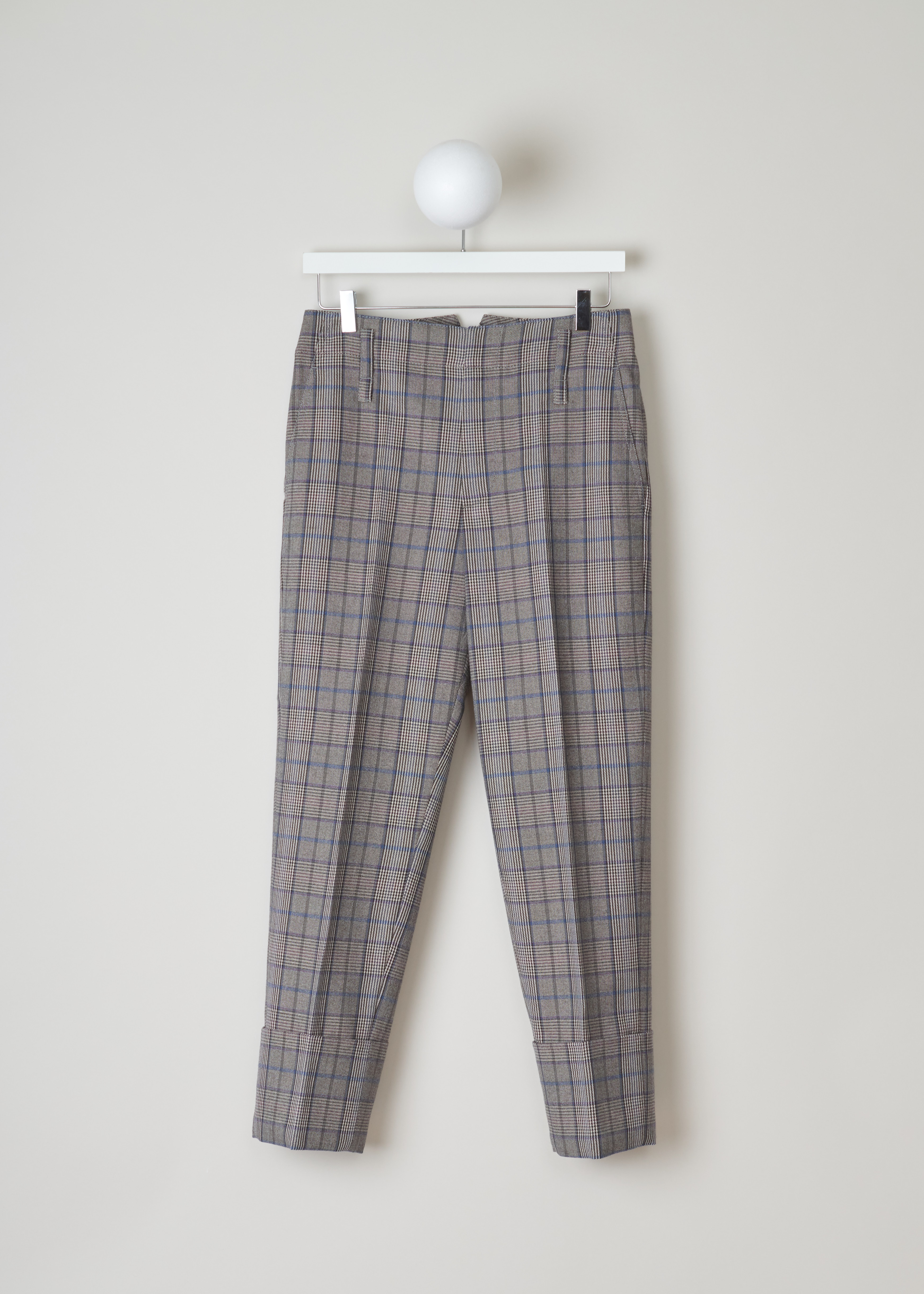 Brunello Cucinelli Brown purple blue checked pants, MB519P7027_C2547 brown front. These plaid wool pants in brown, with hints of purple and blue. Has cropped legs with a turn-up. Belt loops at the waistband. Two slant pockets on the front and two welt pockets on the back.