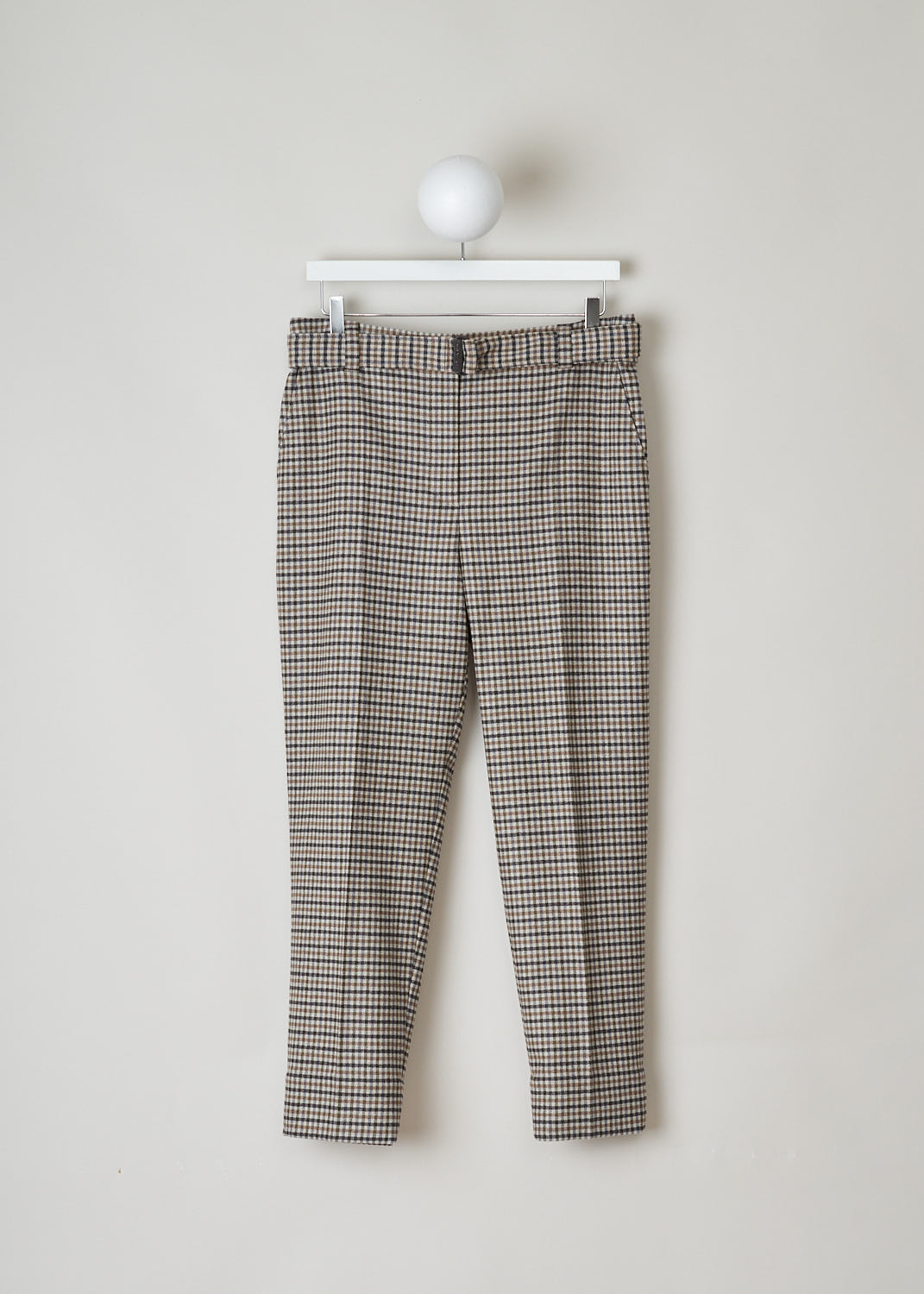 BRUNELLO CUCINELLI, BROWN WOOL CHECKED PANTS, MB584P7487_C017, Brown, Print, Front, These brown checkered pants have a waistband with belt loops. These pants come with a monili beaded D-ring belt made in the same fabric. A concealed clasp and zipper function as the closure option. Slanted pockets can be found in the front and welt pockets in the back. A centre crease runs along the length of the tapered pant legs. 
