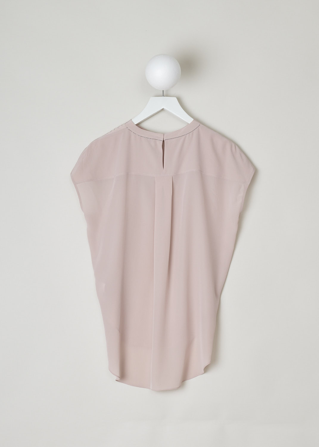 BRUNELLO CUCINELLI, BLUSH PINK SILK TOP, MB993EQ100_C8577, Pink, Back, This blush pink silk top has a rounded neckline and subtle cap sleeves. A paneled look is created by the two seams running vertically in the front. The top has a rounded hemline with a asymmetrical finish, meaning the back is longer than the front. In the back, a single button in the neck functions as the closure option, with a row of Monili beads decorating the seam. Also in the back, a single box pleat can be found.
