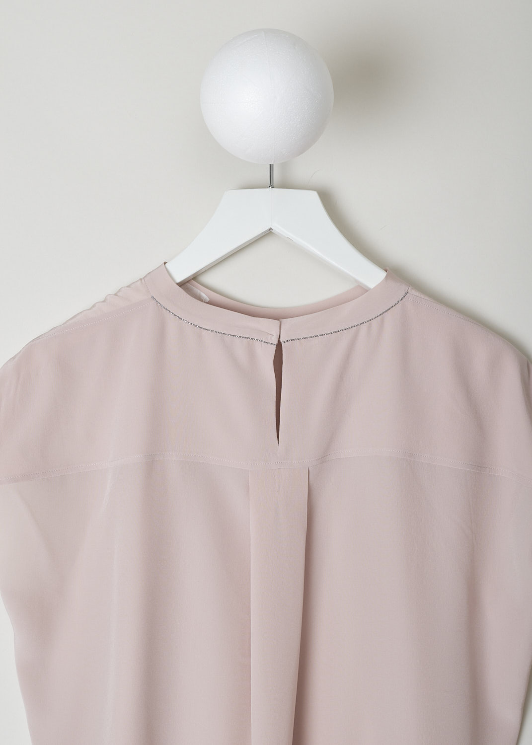 BRUNELLO CUCINELLI, BLUSH PINK SILK TOP, MB993EQ100_C8577, Pink, Detail, This blush pink silk top has a rounded neckline and subtle cap sleeves. A paneled look is created by the two seams running vertically in the front. The top has a rounded hemline with a asymmetrical finish, meaning the back is longer than the front. In the back, a single button in the neck functions as the closure option, with a row of Monili beads decorating the seam. Also in the back, a single box pleat can be found.
