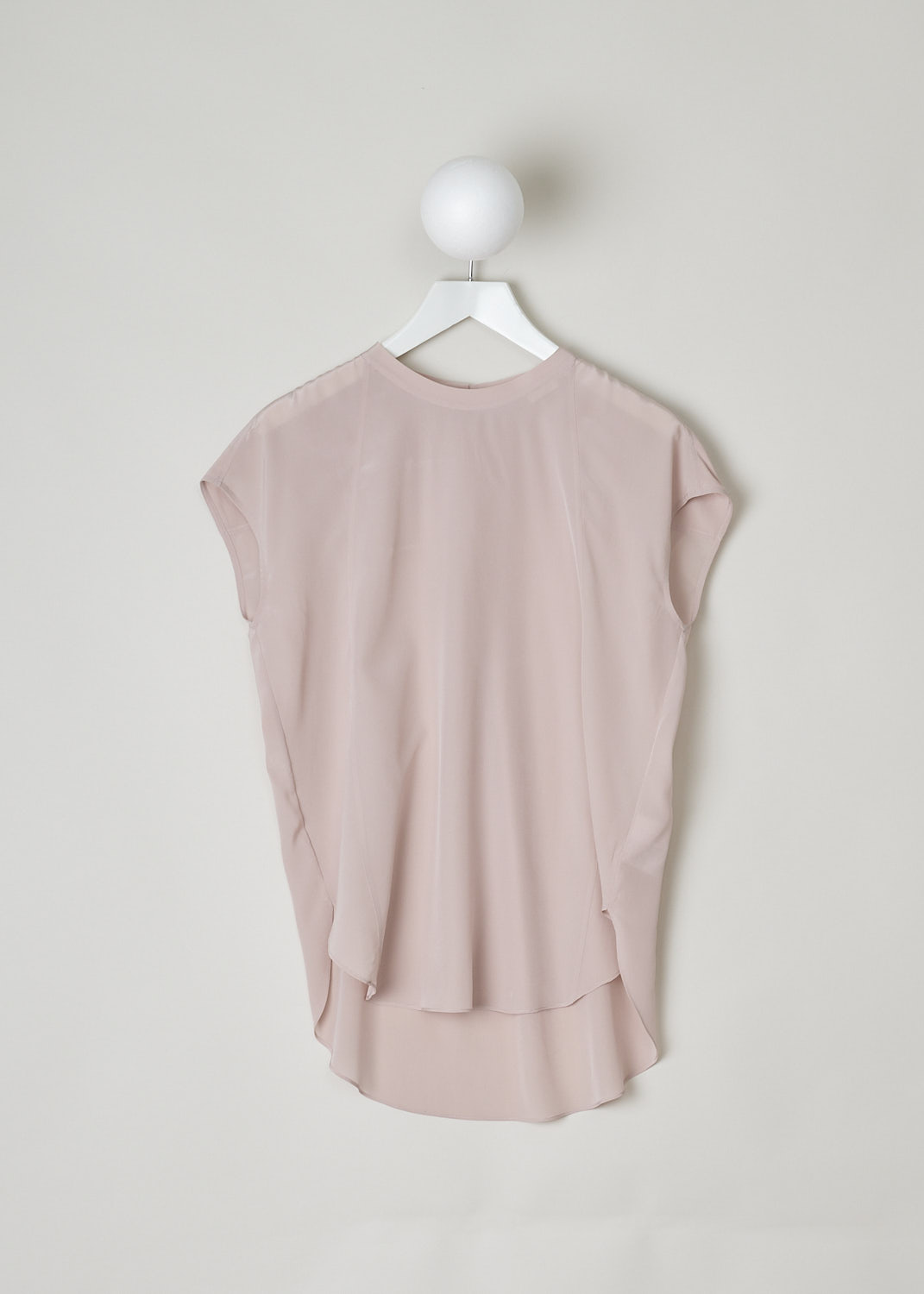 BRUNELLO CUCINELLI, BLUSH PINK SILK TOP, MB993EQ100_C8577, Pink, Front, This blush pink silk top has a rounded neckline and subtle cap sleeves. A paneled look is created by the two seams running vertically in the front. The top has a rounded hemline with a asymmetrical finish, meaning the back is longer than the front. In the back, a single button in the neck functions as the closure option, with a row of Monili beads decorating the seam. Also in the back, a single box pleat can be found.
