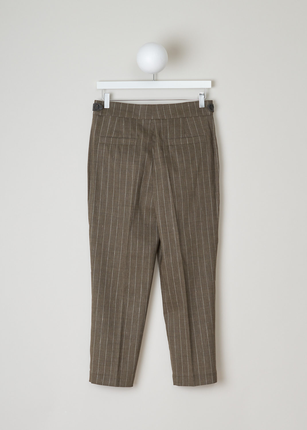 Brunello Cucinelli, Khaki pinstripe pants, MF554P6492_C005, green white, back, Khaki pinstripe pants, comes without belt loops, but with monili fasteners. Made with a single pleat and forward slanted pockets. On the back it has welt pockets. Comes with a cropped length. As fastening option this model has a zipper, an metal clip and a backing button. 