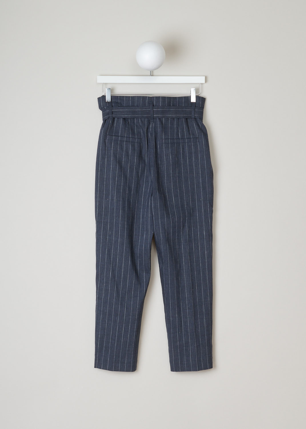 Burnello cucineli, high-waist pinstripe pants, MF554P6588_C003, blue grey, back, Shaped for a high-waist fit. This paper-bag waist pants is designed with straight cropped legs and soft pleats that fall from the waistband. Comes with matching D-ring belt, slanted side pockets and welt pockets on the back. Fastening option on this model is the D-ring belt plus two metal clips and a backing buttons above the zipper.