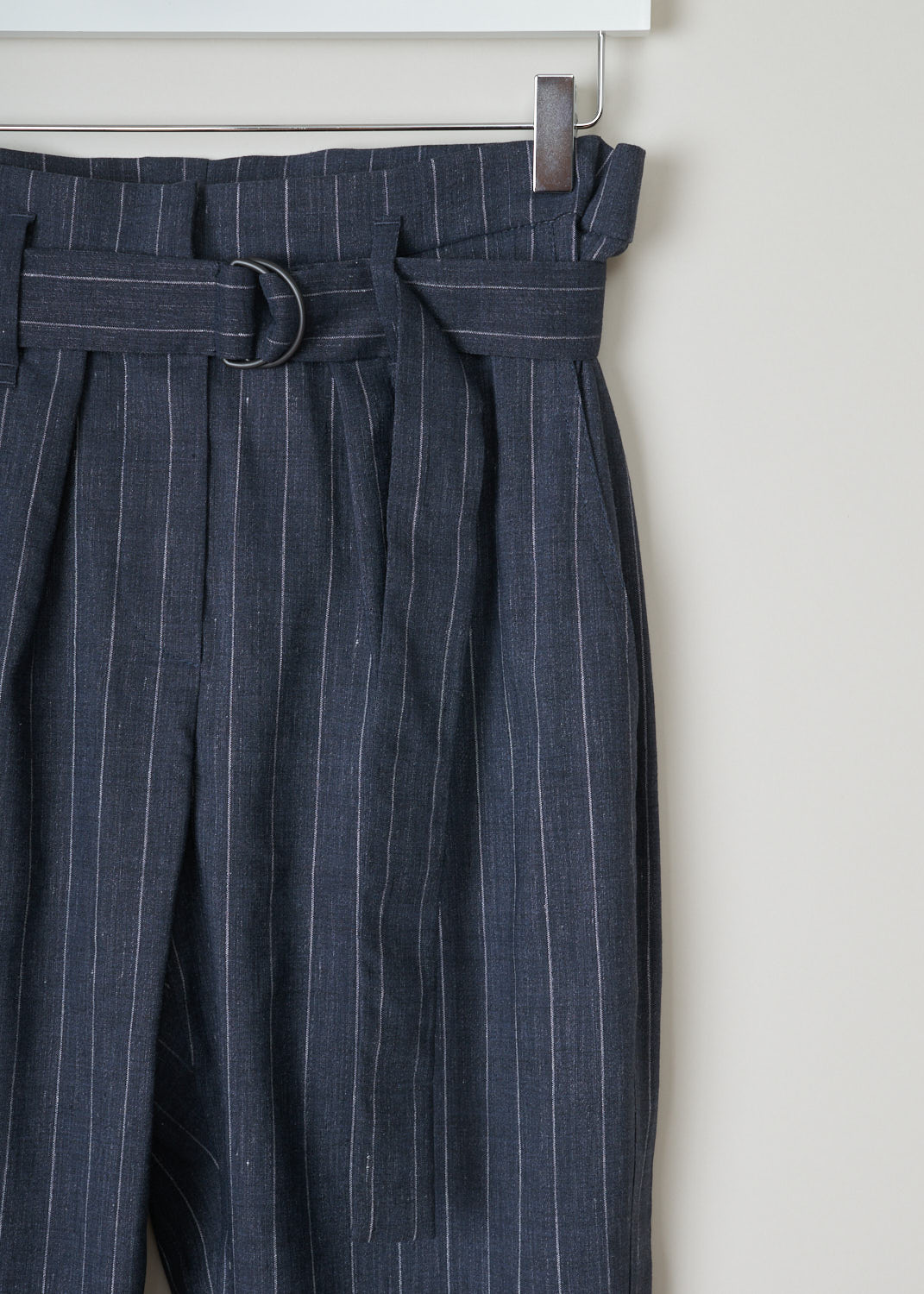 Burnello cucineli, high-waist pinstripe pants, MF554P6588_C003, blue grey, detail, Shaped for a high-waist fit. This paper-bag waist pants is designed with straight cropped legs and soft pleats that fall from the waistband. Comes with matching D-ring belt, slanted side pockets and welt pockets on the back. Fastening option on this model is the D-ring belt plus two metal clips and a backing buttons above the zipper.