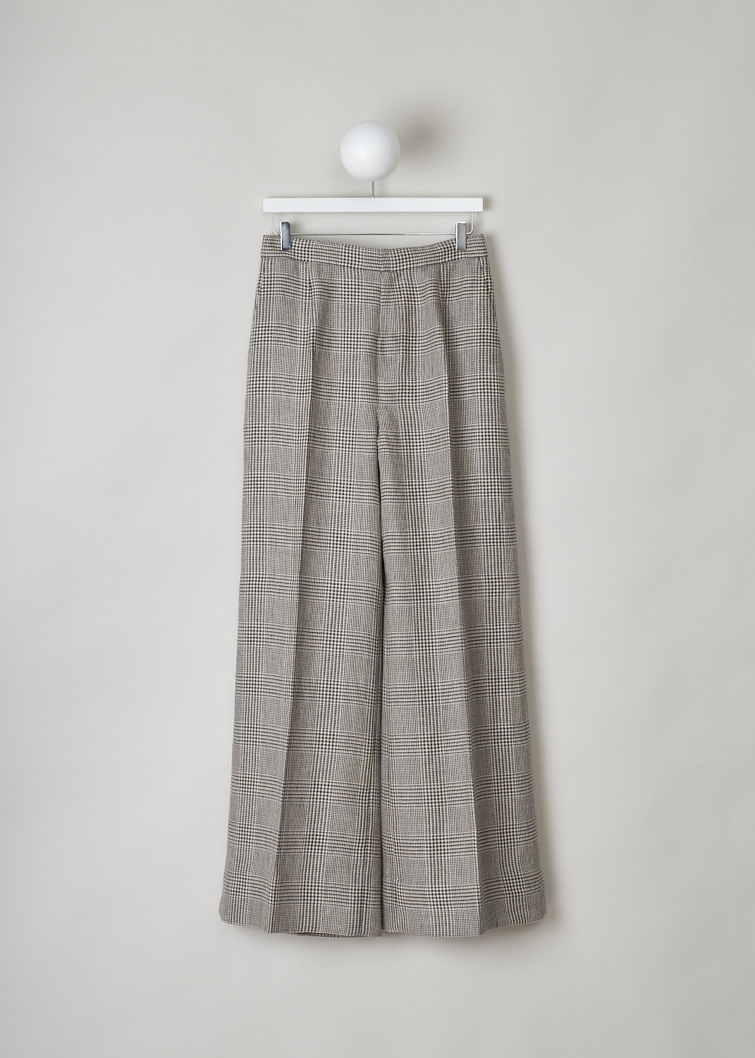 BRUNELLO CUCINELLI, BEIGE LINEN HOUNDSTOOTH PANTS, MF576P6969_C004, Beige, Print, Front, These high-waisted pants have straight wide pant legs with a beige Houndstooth pattern. The pant legs have pressed centre creases. These pants have a concealed clasp and zip closure. Slanted pockets can be found in the front and welt pockets in the back.
