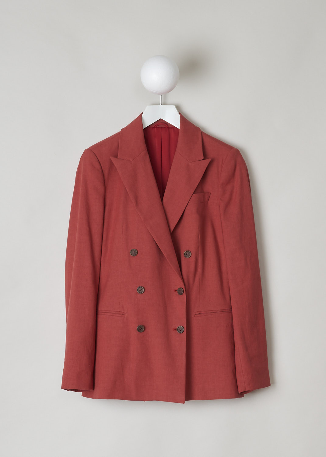 BRUNELLO CUCINELLI, DOUBLE-BREASTED BLAZER IN MUTED RED, MF5918924_C7901, Red, Front, This double-breasted blazer in a muted red color has a notched lapel. The long sleeved have buttoned cuffs and the blazer has three pockets: two regular welt pockets and one welt breast pocket. 
