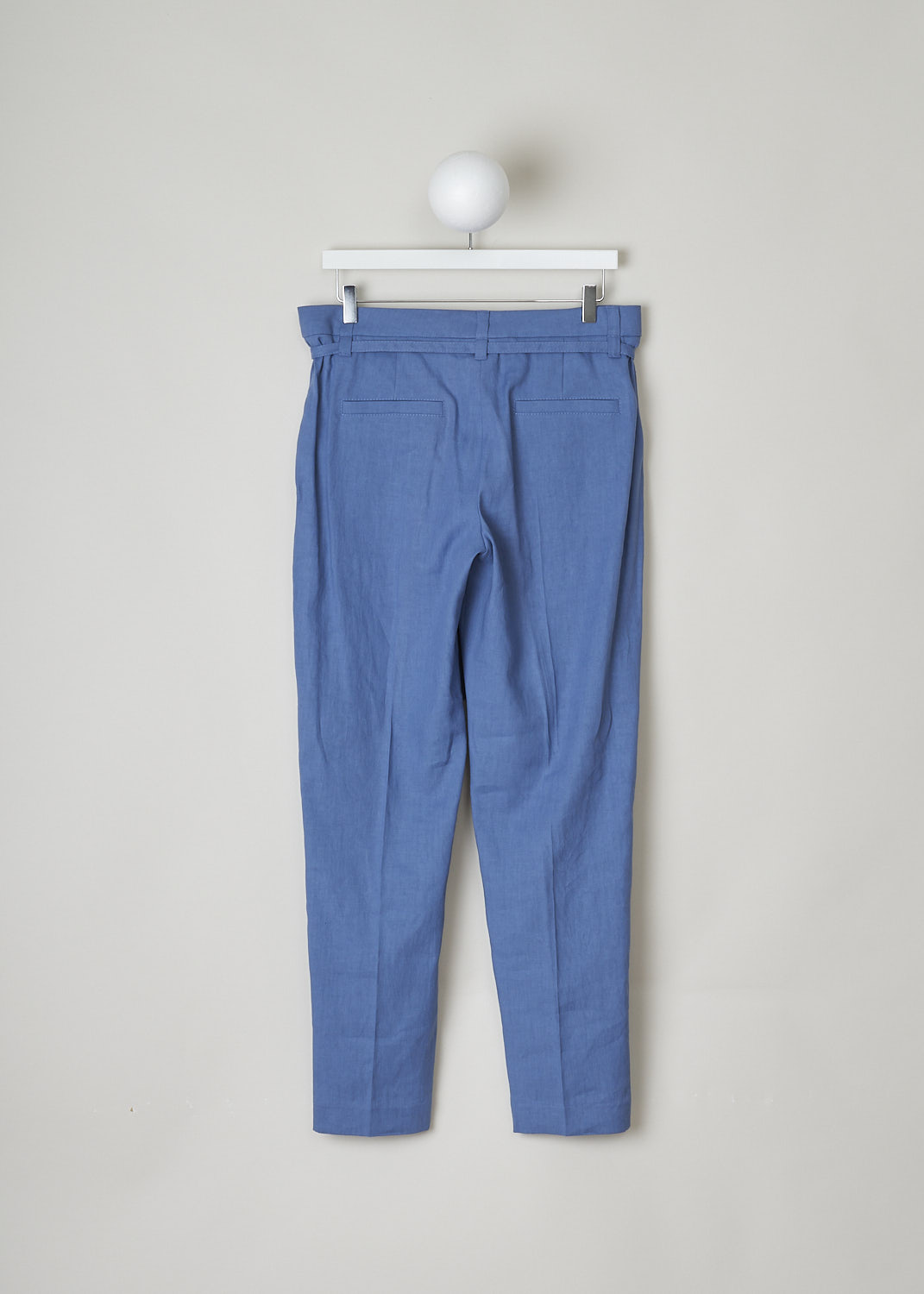 BRUNELLO CUCINELLI, BLUE LINEN PANTS WITH MATCHING BELT, MF591P7453_C8593, Blue, Back, These blue linen pants have a concealed clasp and zipper closure and a matching fabric belt with a double D-ring buckle. The belt is subtly decorated with Monilli beads. These pants have a pleated front and tapered pant legs with centre creases. In the front, slanted pockets can be found. In the back, these pants have welt pockets. 
