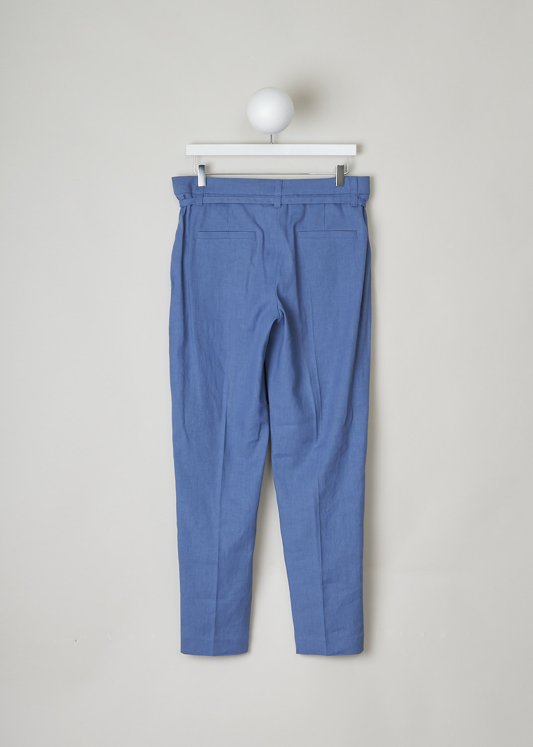 BRUNELLO CUCINELLI, BLUE LINEN PANTS WITH MATCHING BELT, MF591P7453_C8593, Blue, Back, These blue linen pants have a concealed clasp and zipper closure and a matching fabric belt with a double D-ring buckle. The belt is subtly decorated with monili beads. These pants have a pleated front and tapered pant legs with centre creases. In the front, slanted pockets can be found. In the back, these pants have welt pockets. 
