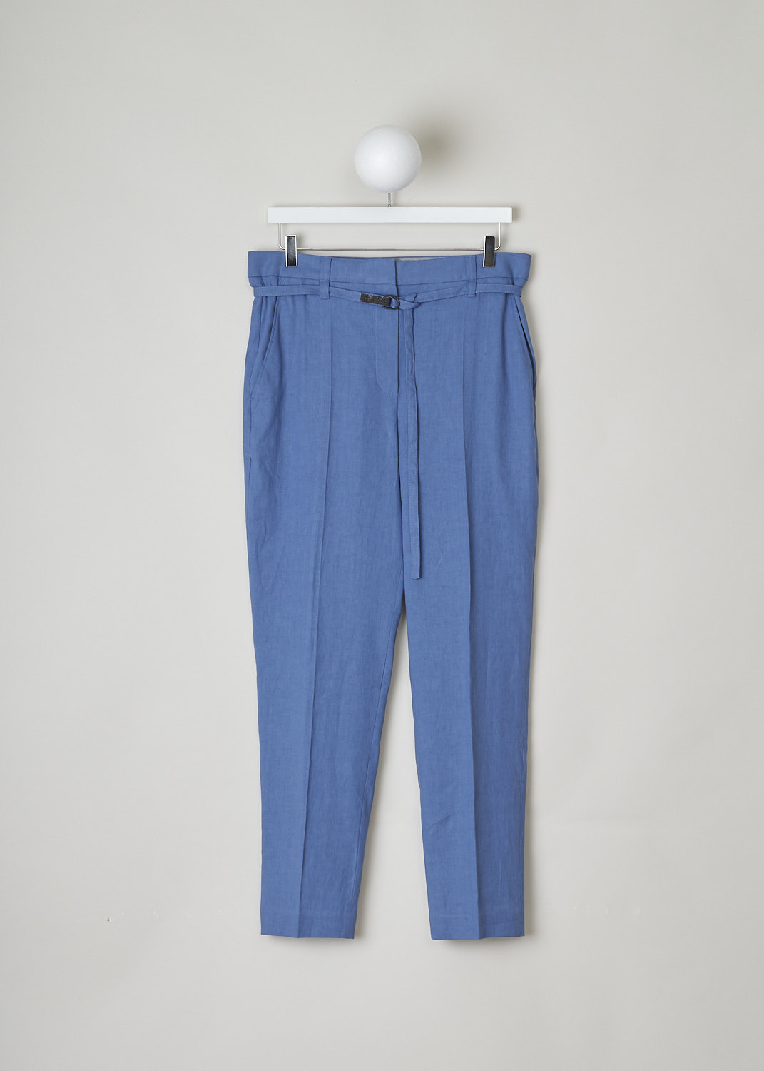 BRUNELLO CUCINELLI, BLUE LINEN PANTS WITH MATCHING BELT, MF591P7453_C8593, Blue, Front, These blue linen pants have a concealed clasp and zipper closure and a matching fabric belt with a double D-ring buckle. The belt is subtly decorated with monili beads. These pants have a pleated front and tapered pant legs with centre creases. In the front, slanted pockets can be found. In the back, these pants have welt pockets. 
