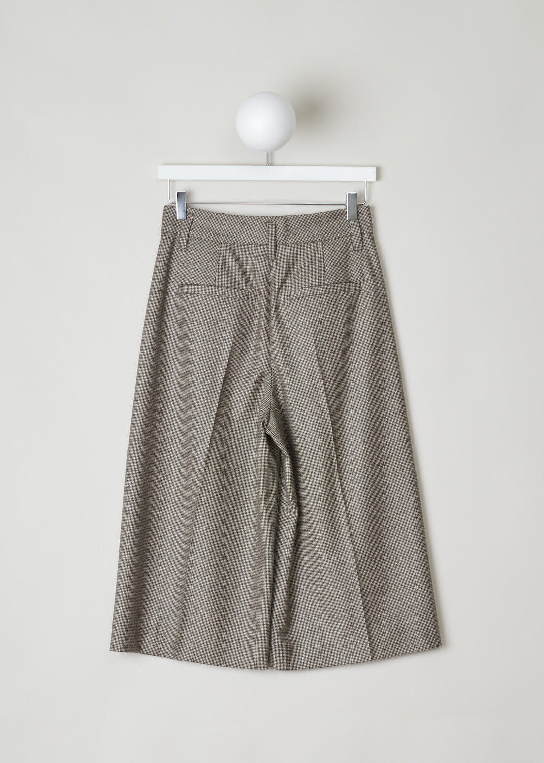 BRUNELLO CUCINELLI, HOUNDSTOOTH WOOL CULOTTES IN BROWN, MG454P7435_C002, Brown, Print, Back, Brown Houndstooth culottes made from a soft wool. These pants have belt loops and the closing option on this model is a concealed hook, button and zipper. In the front, along the length of the pants, pressed creases can be found. These pants have slanted pockets in the front and two welt pockets in the back. 