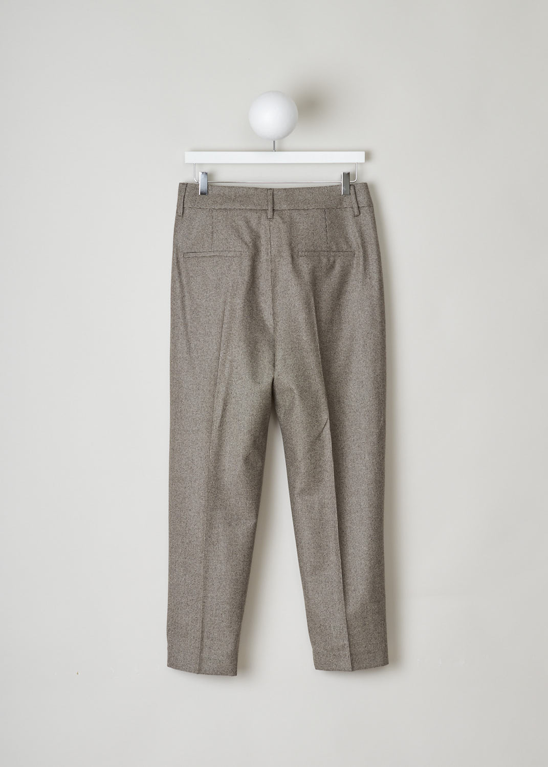BRUNELLO CUCINELLI, BROWN HOUNDSTOOTH PANTS, MG454P7445_C002, Brown, Print, Back, These brown Houndstooth pants have a waistband with belt loops. A concealed hook and zipper function as the closure option. A single pleat runs along the length of the tapered pant legs. These pants have slanted pockets in the front and welt pockets in the back. 

