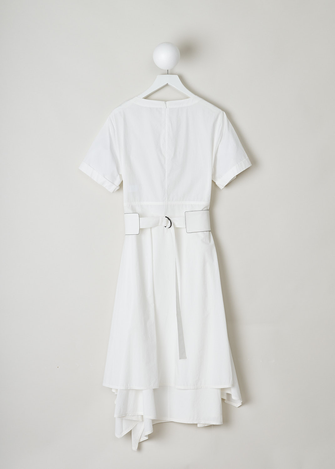 BRUNELLO CUCINELLI, WHITE MIDI DRESS WITH A HIGH-LOW SKIRT, MH127A4534_C600, White, Back, This white midi dress has a round neckline and short sleeves with folded cuffs. The dress has a flared high-low skirt, meaning the hemline is shorter at the front and longer at the back. The broad fabric belt has a contrasting black monili trim and a D-ring belt buckle. The dress comes with a detachable underskirt with a broad elasticated waistband. The underskirt is attached with two buttons. In the back, a concealed centre zip functions as the closure option. 
