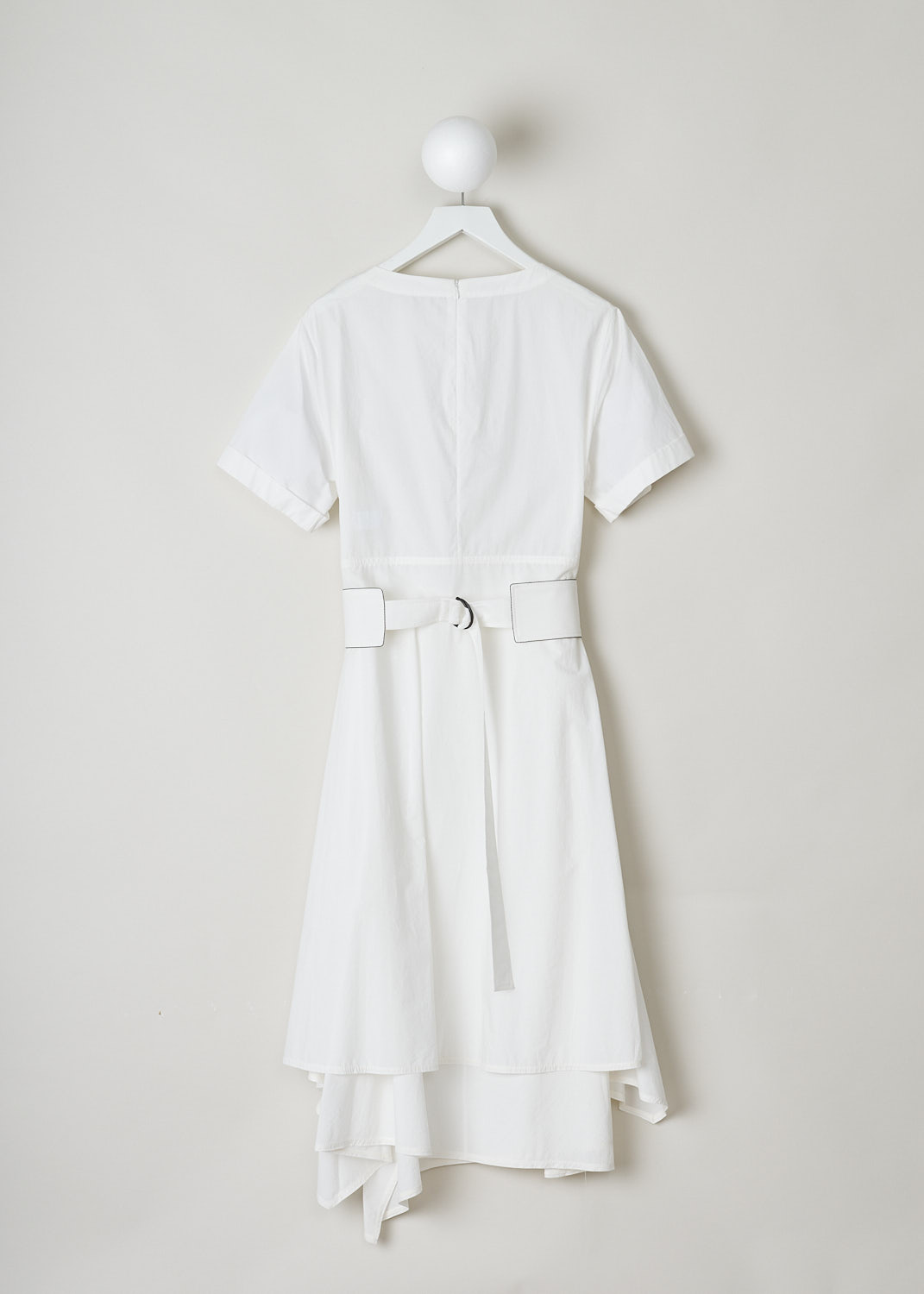 BRUNELLO CUCINELLI, WHITE MIDI DRESS WITH A HIGH-LOW SKIRT, MH127A4534_C600, White, Back, This white midi dress has a round neckline and short sleeves with folded cuffs. The dress has a flared high-low skirt, meaning the hemline is shorter at the front and longer at the back. The broad fabric belt has a contrasting black monili trim and a D-ring belt buckle. The dress comes with a detachable underskirt with a broad elasticated waistband. The underskirt is attached with two buttons. In the back, a concealed centre zip functions as the closure option. 
