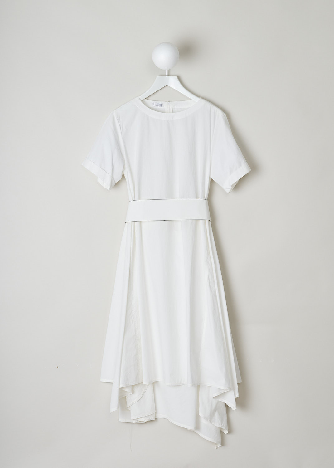 BRUNELLO CUCINELLI, WHITE MIDI DRESS WITH A HIGH-LOW SKIRT, MH127A4534_C600, White, Front, This white midi dress has a round neckline and short sleeves with folded cuffs. The dress has a flared high-low skirt, meaning the hemline is shorter at the front and longer at the back. The broad fabric belt has a contrasting black monili trim and a D-ring belt buckle. The dress comes with a detachable underskirt with a broad elasticated waistband. The underskirt is attached with two buttons. In the back, a concealed centre zip functions as the closure option. 
