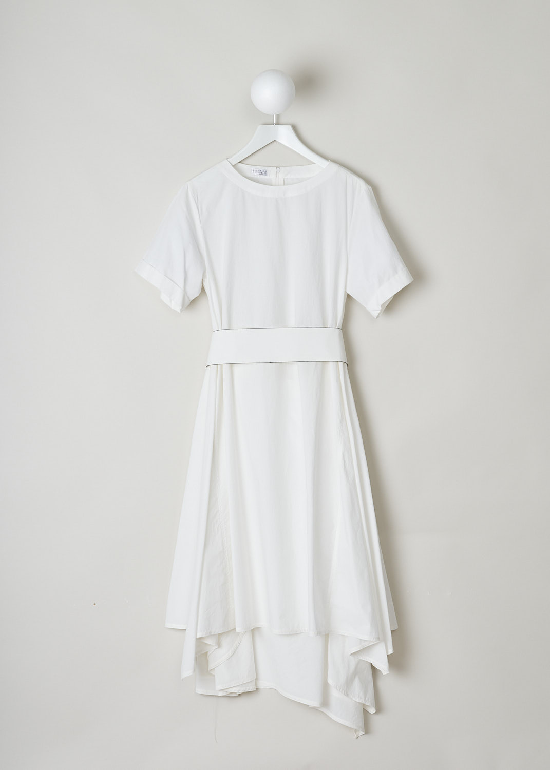 BRUNELLO CUCINELLI, WHITE MIDI DRESS WITH A HIGH-LOW SKIRT, MH127A4534_C600, White, Front, This white midi dress has a round neckline and short sleeves with folded cuffs. The dress has a flared high-low skirt, meaning the hemline is shorter at the front and longer at the back. The broad fabric belt has a contrasting black monili trim and a D-ring belt buckle. The dress comes with a detachable underskirt with a broad elasticated waistband. The underskirt is attached with two buttons. In the back, a concealed centre zip functions as the closure option. 
