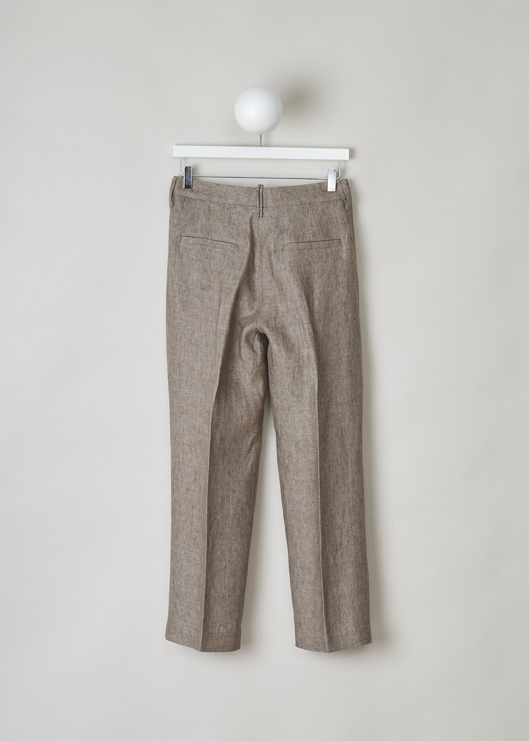 BRUNELLO CUCINELLI, BROWN LINEN PANTS, MH199P7957_C001, Beige, Brown, Back, These brown linen pants have a waistband with belt loops. A concealed hook and zipper function as the closure option. The straight pant legs have pressed centre creases. The pants have forward slanted in the front and welt pockets in the back. 

