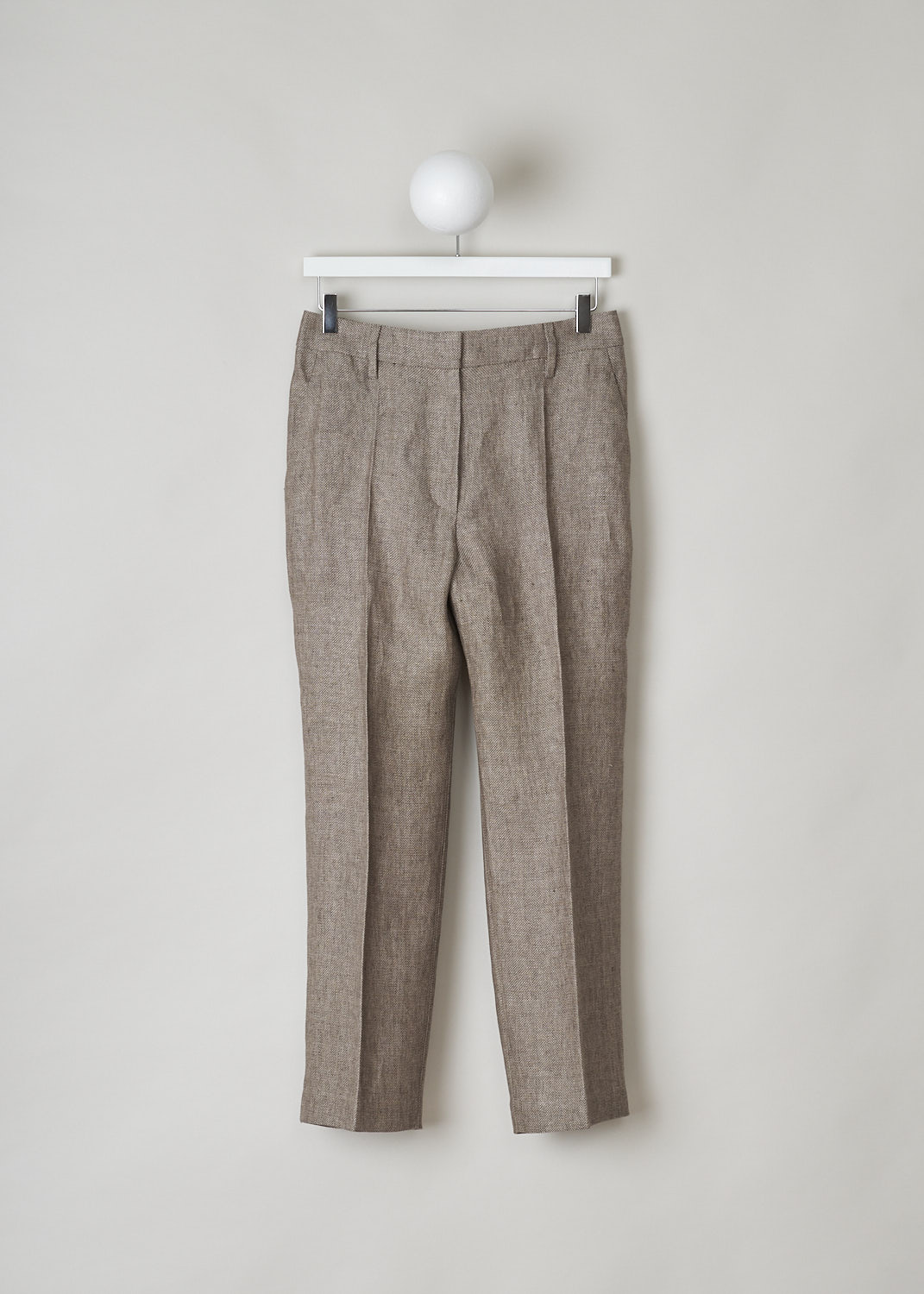BRUNELLO CUCINELLI, BROWN LINEN PANTS, MH199P7957_C001, Beige, Brown, Front, These brown linen pants have a waistband with belt loops. A concealed hook and zipper function as the closure option. The straight pant legs have pressed centre creases. The pants have forward slanted in the front and welt pockets in the back. 

