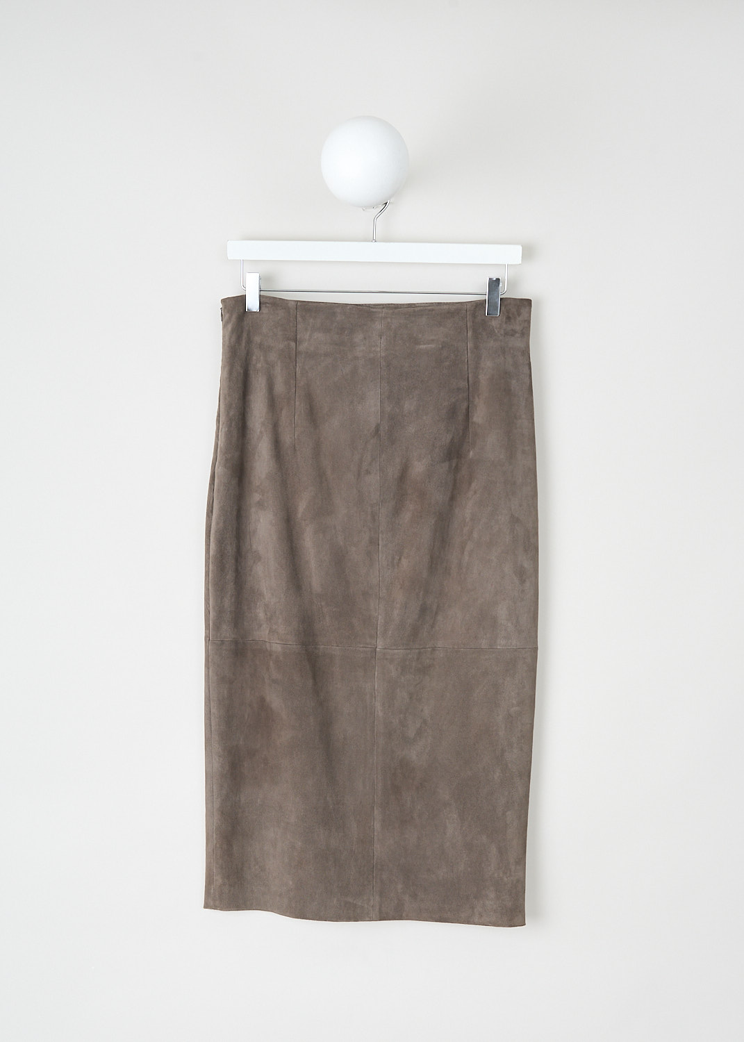 Brunello Cucinelli, Brown suede skirt, M0W30G3131_C8212, Brown, Back, This paneled brown suede pencil skirt has a concealed side zip. In the front, the skirt has a centre slit. 
