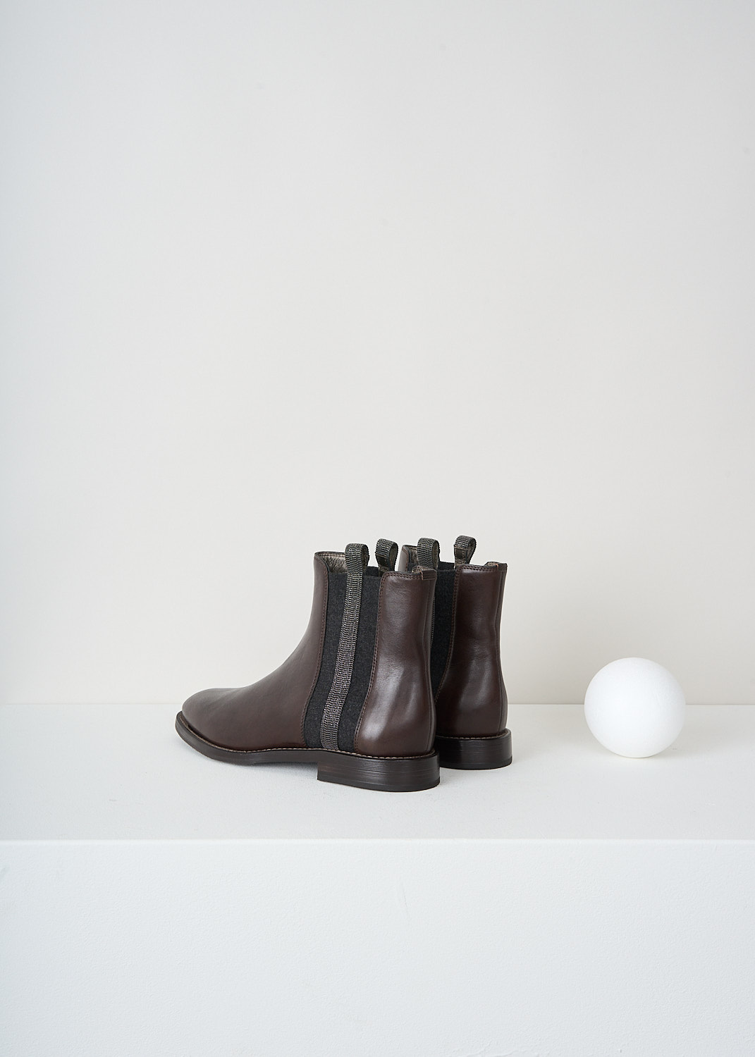 Brunello Cucinelli, Dark brown Chelsea boots, MZSEC1578_C6643, Brown, Back, These dark brown Chelsea boots have dark grey elastic gusseted sides with monili detailing. These boots have a round toe and dark brown soles with a small heel.
