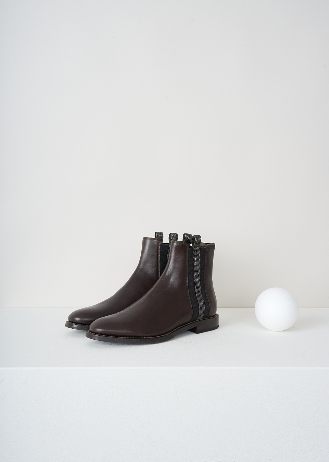 Brunello Cucinelli, Dark brown Chelsea boots, MZSEC1578_C6643, Brown, Front, These dark brown Chelsea boots have dark grey elastic gusseted sides with monili detailing. These boots have a round toe and dark brown soles with a small heel.
