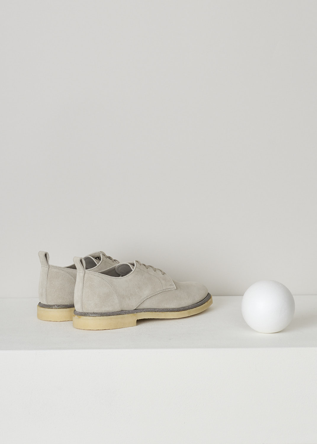 BRUNELLO CUCINELLI, GREY SUEDE DERBY SHOES, MZSFG1376_C8193, Grey, Back, These light grey suede derby shoes have a classic lace-up closure and a round toe. These shoes have a monili trim along the light beige crepe rubber soles.

