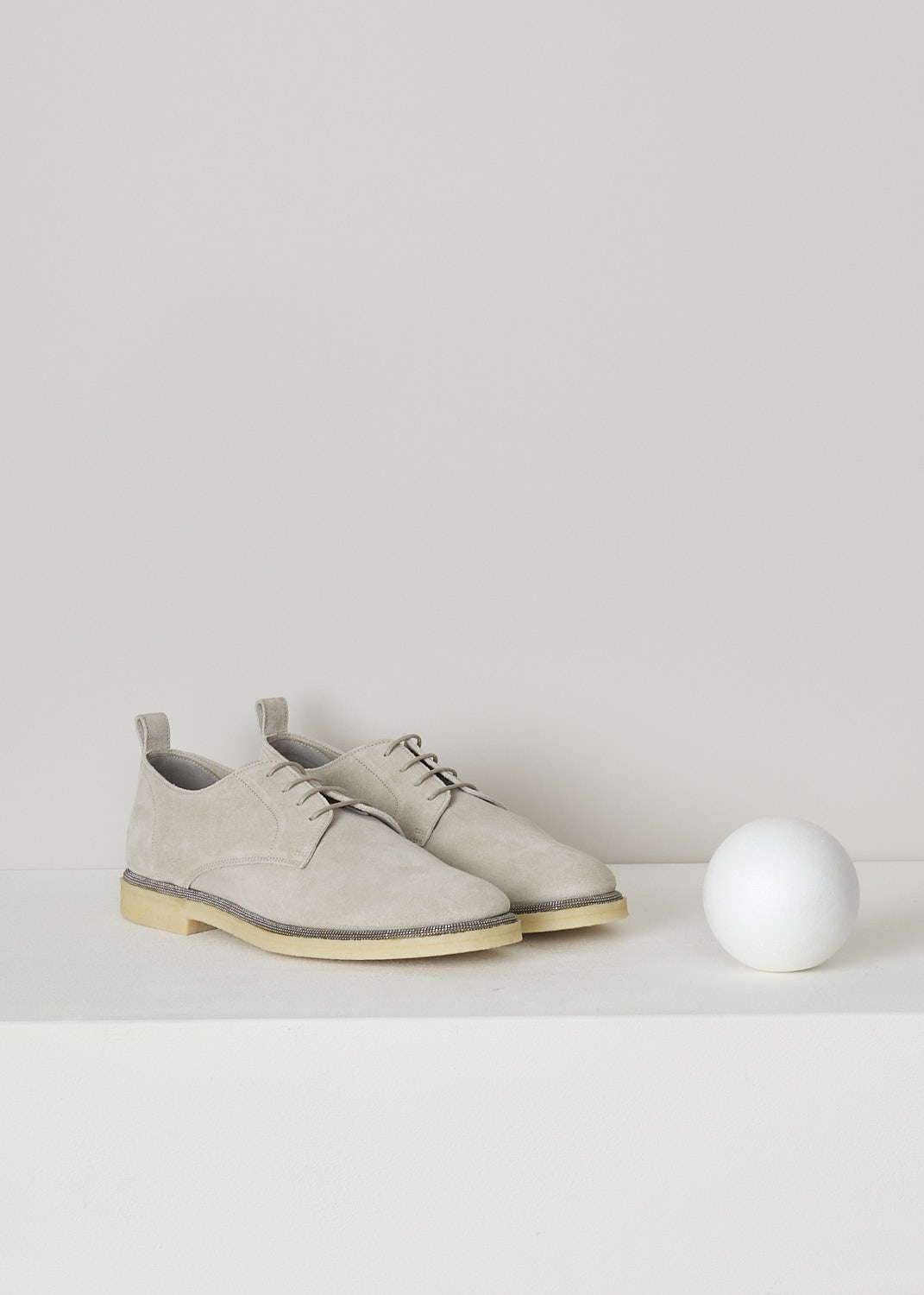BRUNELLO CUCINELLI, GREY SUEDE DERBY SHOES, MZSFG1376_C8193, Grey, Front, These light grey suede derby shoes have a classic lace-up closure and a round toe. These shoes have a monili trim along the light beige crepe rubber soles.

