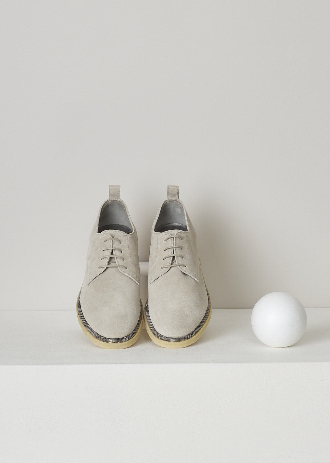 BRUNELLO CUCINELLI, GREY SUEDE DERBY SHOES, MZSFG1376_C8193, Grey, Top, These light grey suede derby shoes have a classic lace-up closure and a round toe. These shoes have a monili trim along the light beige crepe rubber soles.

