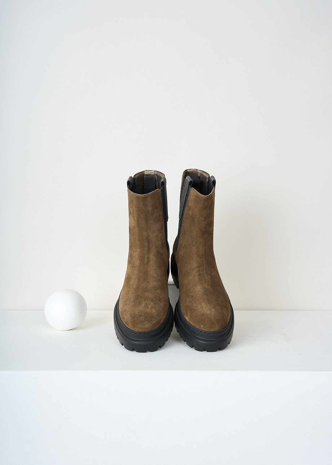 Brunello Cucinelli suede Chelsea boots in khaki brown with signature Monili pull tab detail, removable insoles and elasticated side panels, premium footwear at Kiki's Stocksale