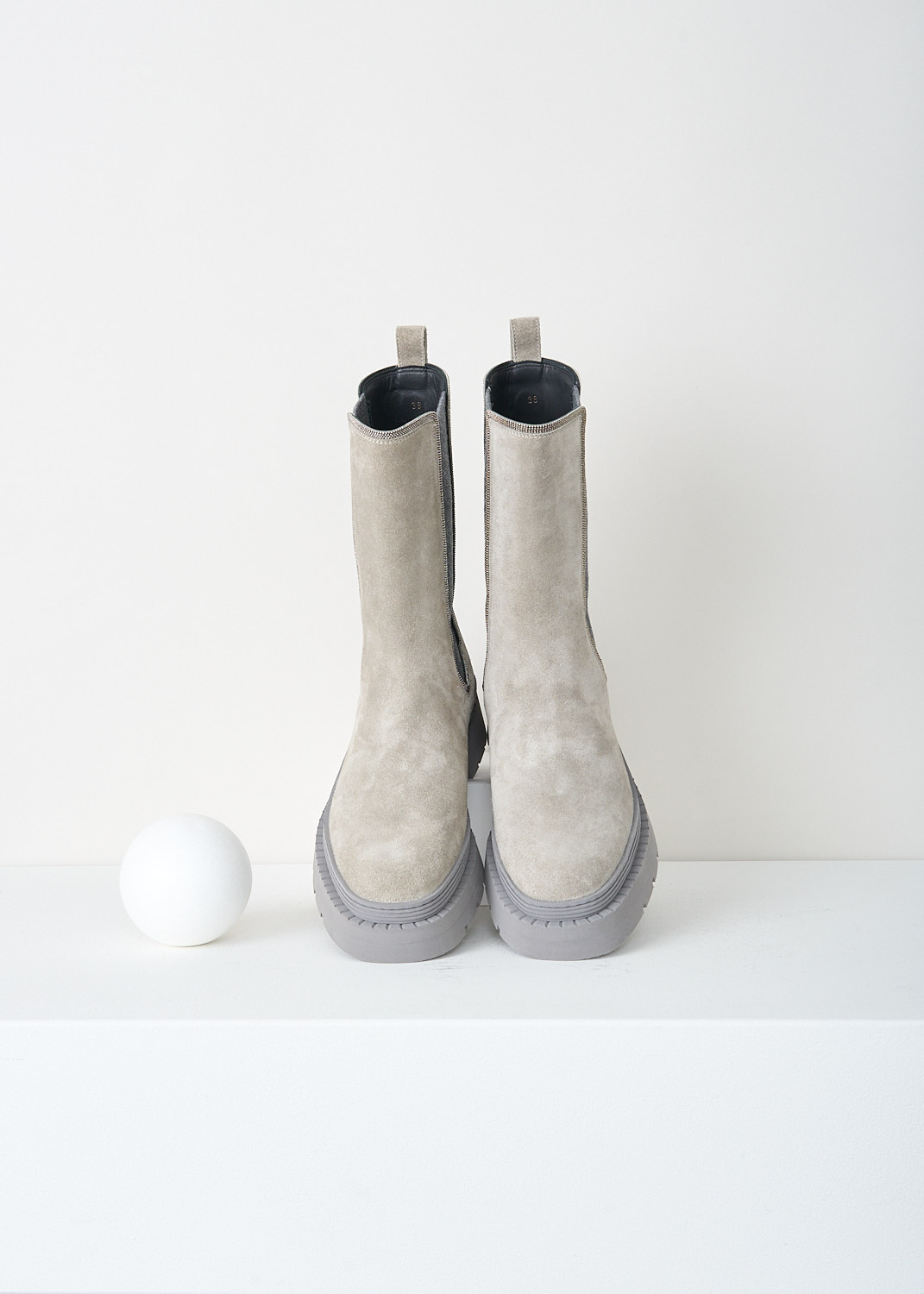 Brunello Cucinelli, Grey suede Chelsea boots, MZSFG2041_CWU70, Grey, Top, These light grey suede boots feature dark grey elastic gusseted sides accented with monili trim. They have a round toe and grey rubber soles.

