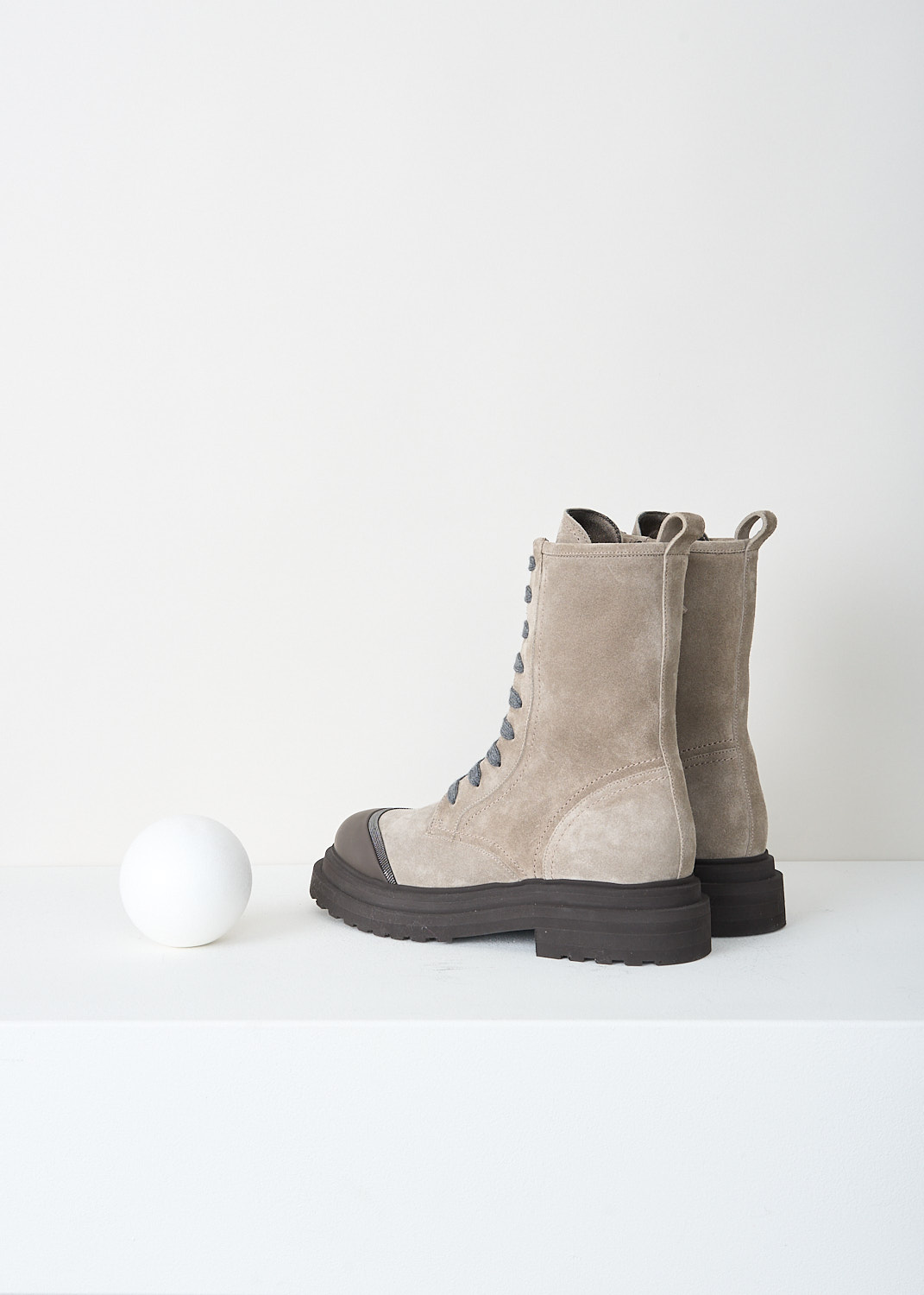 Brunello Cucinelli, Light grey boots with dark brown toe cap, MZSFG2518_CBT71, Brown, Back, These light grey suede ankle boots feature both a lace-up front and a zip closure. A pull tab lines the topline, and a brown rubber toe cap with monili trim extends seamlessly into the chunky sole with a low heel.
