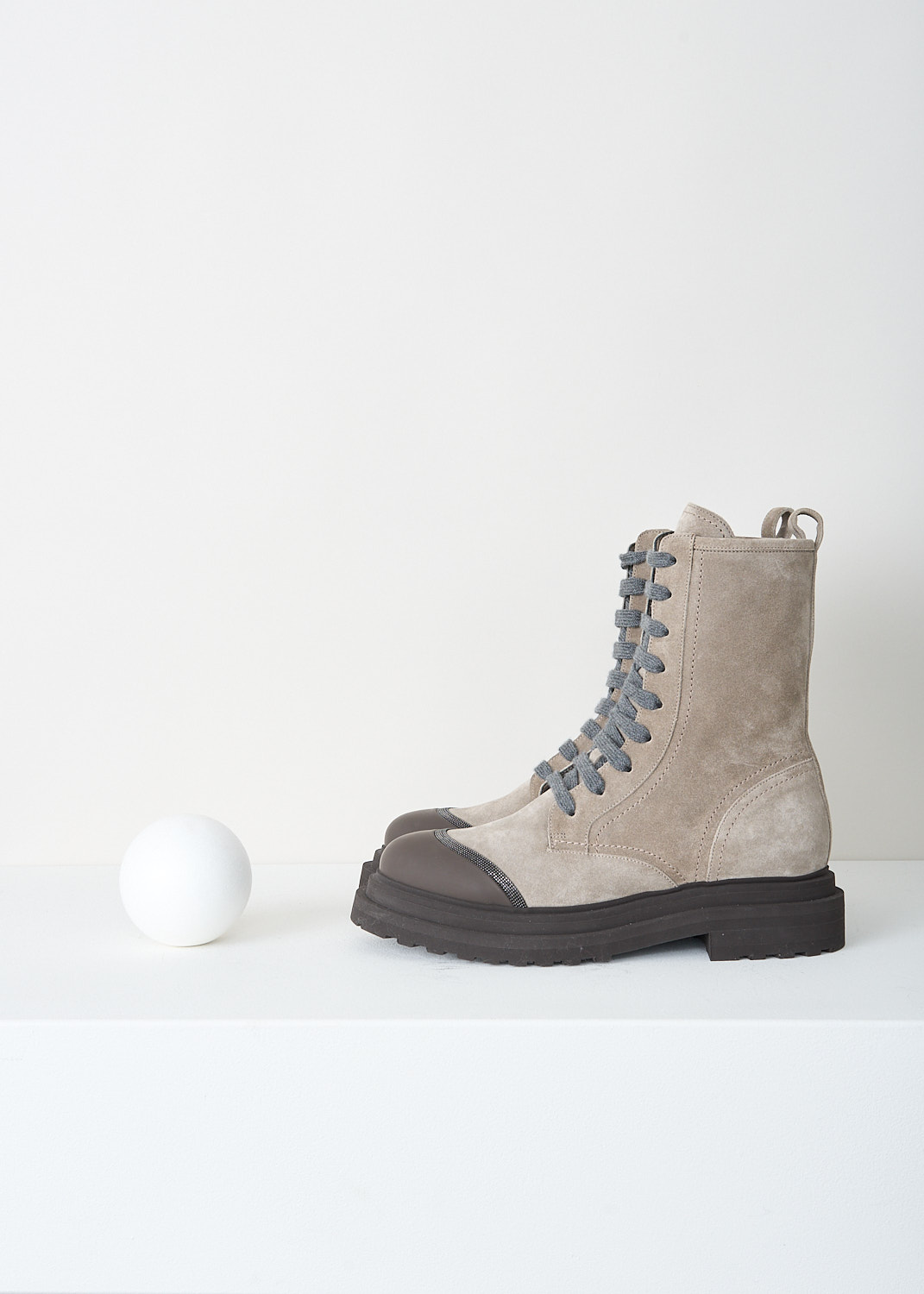 Brunello Cucinelli, Light grey boots with dark brown toe cap, MZSFG2518_CBT71, Brown, Side, These light grey suede ankle boots feature both a lace-up front and a zip closure. A pull tab lines the topline, and a brown rubber toe cap with monili trim extends seamlessly into the chunky sole with a low heel.
