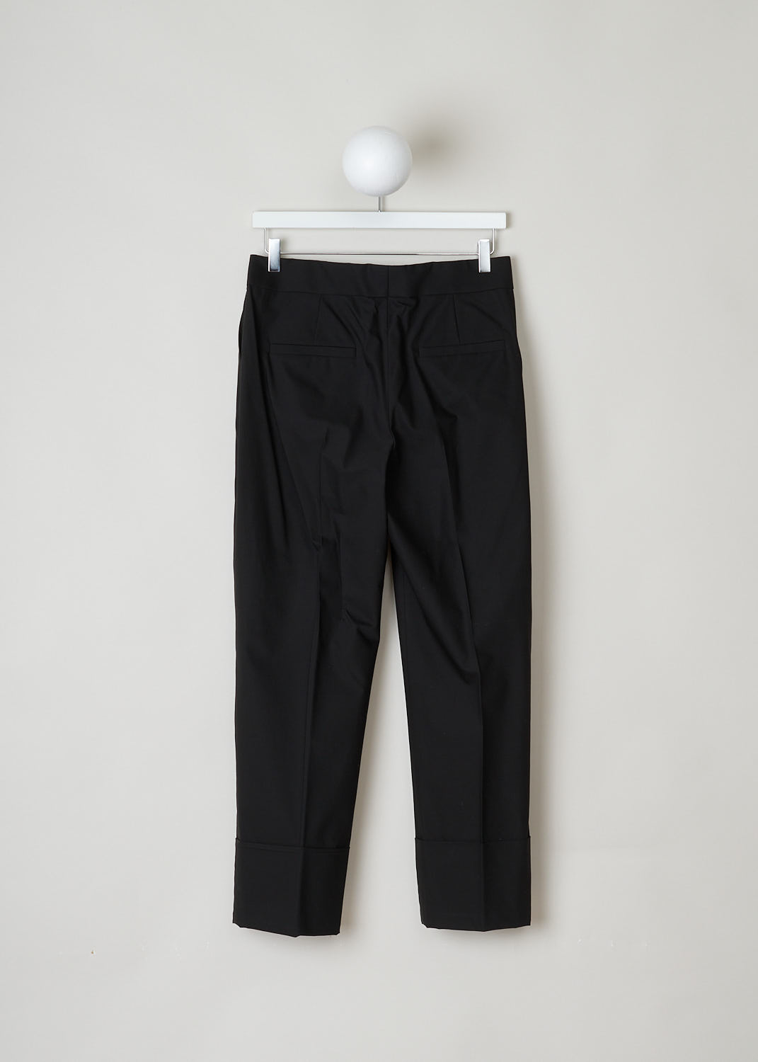 BRUNELLO CUCINELLI, BLACK PANTS WITH BEADED CLASP DETAIL, M0F70P70_C101, Black, Back, This beautiful black pants comes with an elastic waistband. It has a concealed zipper and clasp, adorned with a subtle beaded detail. The pants has two side slit pockets and two welt pockets on the back. Furthermore, the hem is finished with a broad fold-over.