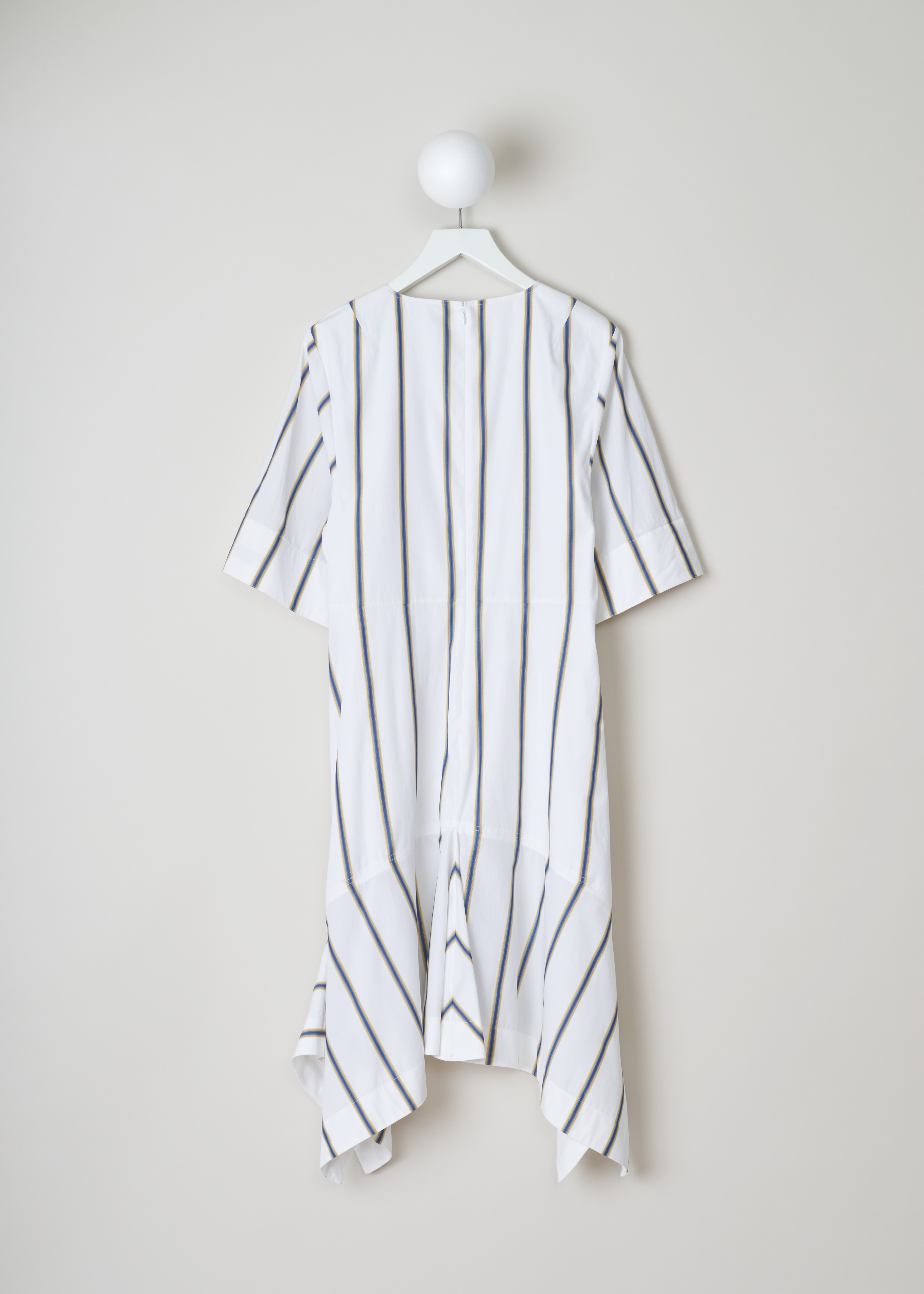 Calvin Klein 205W39NYC Striped cotton dress 91WWDF04_C469_111 white back. White striped cotton dress. With a round neck and short sleeves with an embroidered logo. This straight model has a wavy bottom and pointed sides. Furthermore, there is a closing button at the back.