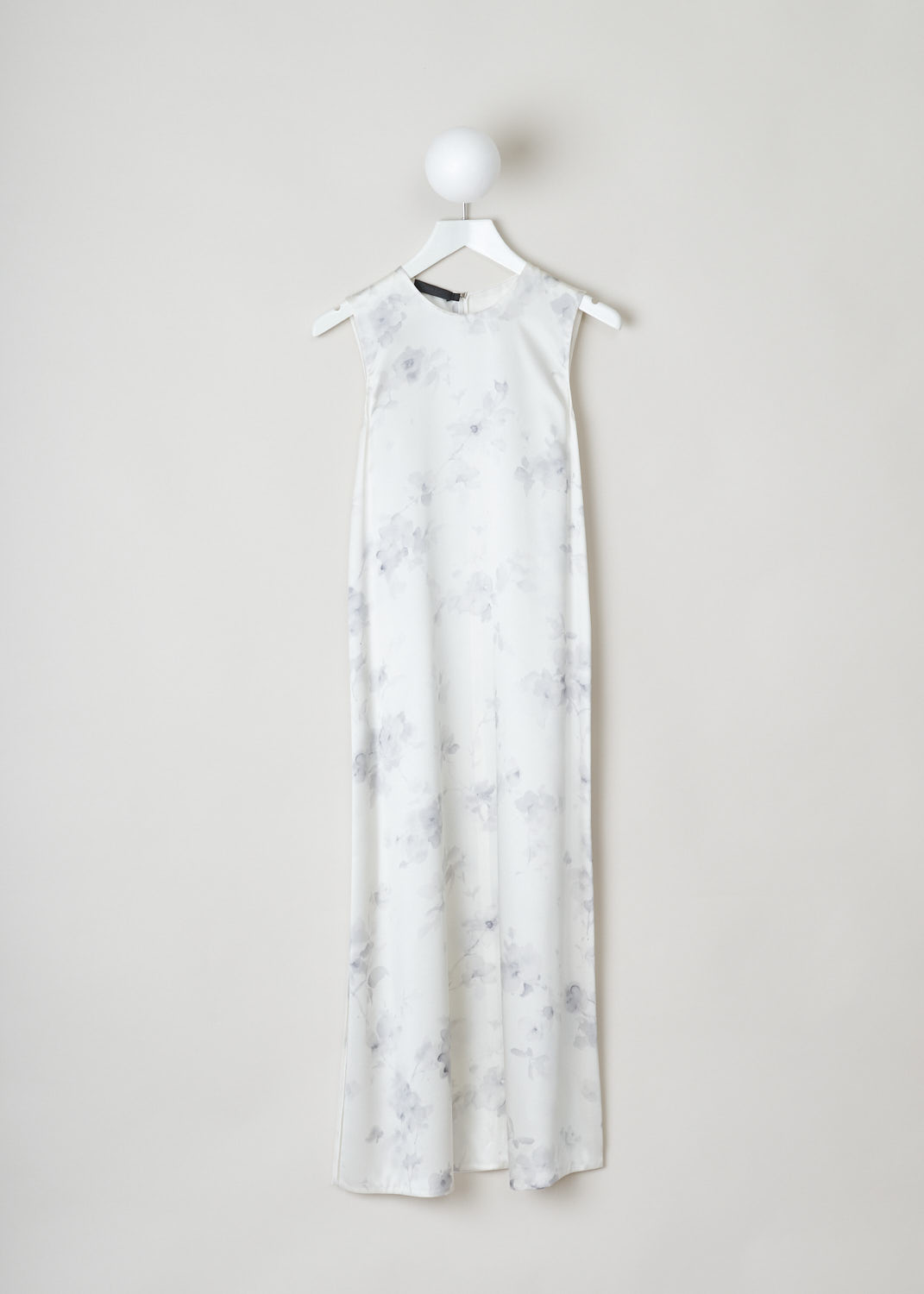 Calvin Klein 205w39nyc, White shift dress with a grey floral pattern, W72D10_WS037_983, white grey, front, Lovely dress crafted out of a soft silk fabric that follows the body curves. This sleeveless dress has a round neckline and a split at the side. Furthermore, a metal clip on the back acts as your fastening option on  this model.