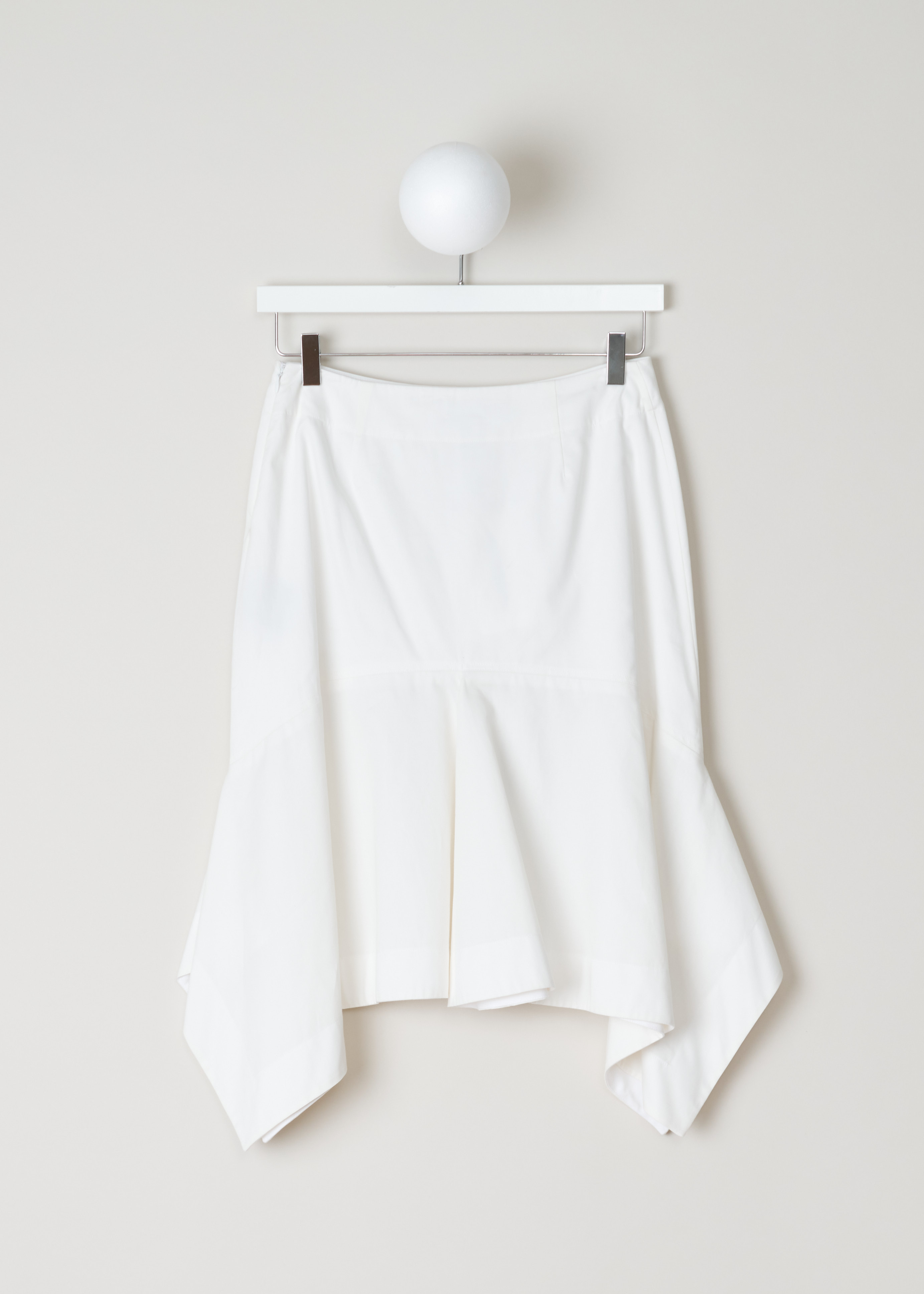 Calvin Klein 205W39NYC, White handkerchief-hem skirt, 91WWSC02_C173_101_white, White, Back, This white midi skirt features has a broad handkerchief hem. A concealed zipper in the side seam functions as the closure.
