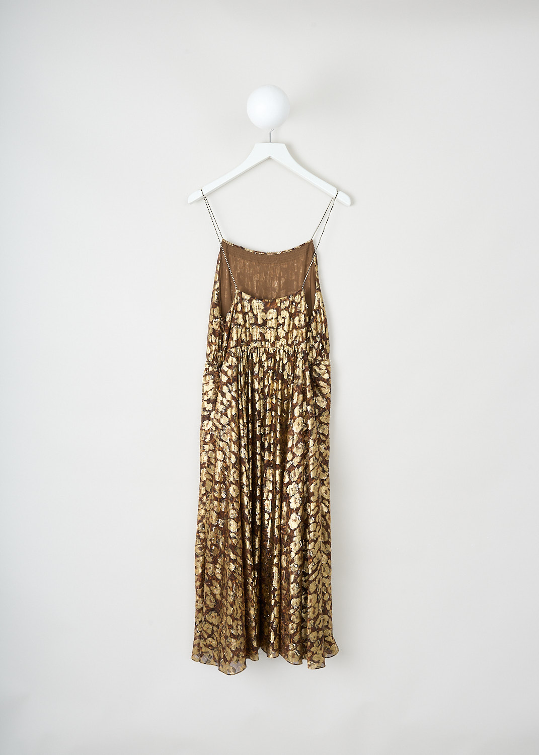 Celine, Gold leopard-print maxi dress, 2R649_461J_19GR, Gold, Back, This gold leopard-print maxi dress has thin rope-like straps and a bare back. The dress has a scoop neckline and a flared maxi skirt.
