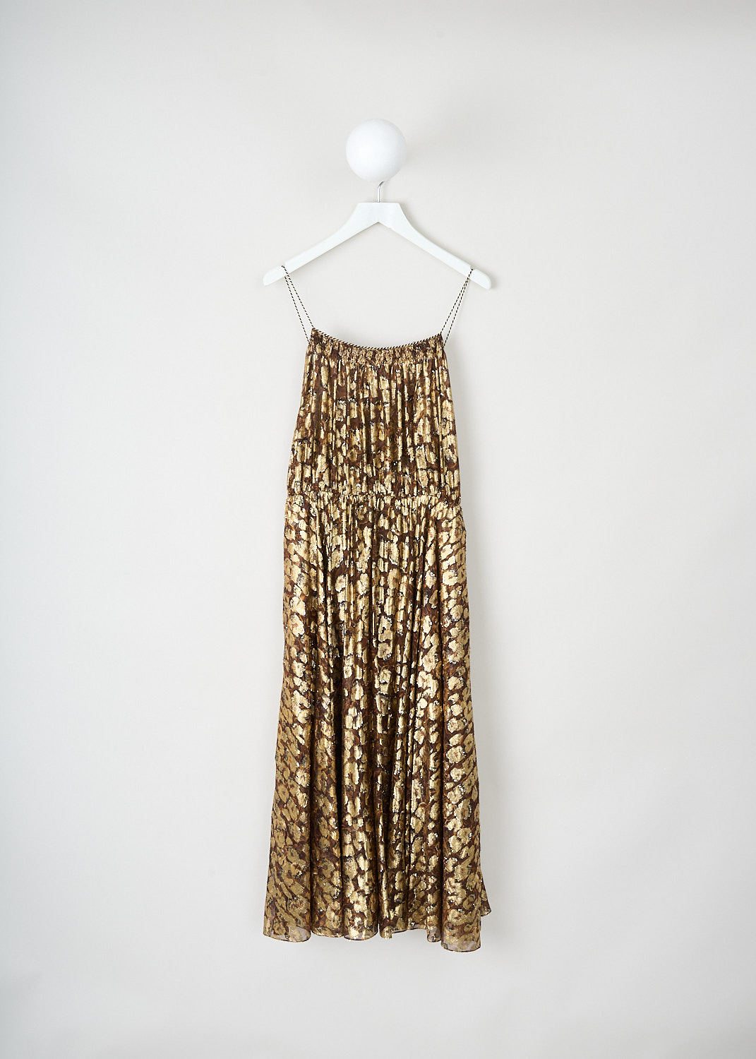 Celine, Gold leopard-print maxi dress, 2R649_461J_19GR, Gold, Front, This gold leopard-print maxi dress has thin rope-like straps and a bare back. The dress has a scoop neckline and a flared maxi skirt.
