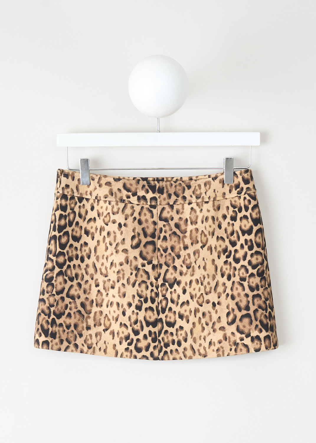 Back view of Celine leopard print mini skirt in wool and cotton blend, structured tailored fit with concealed side zip closure and clean silhouette.