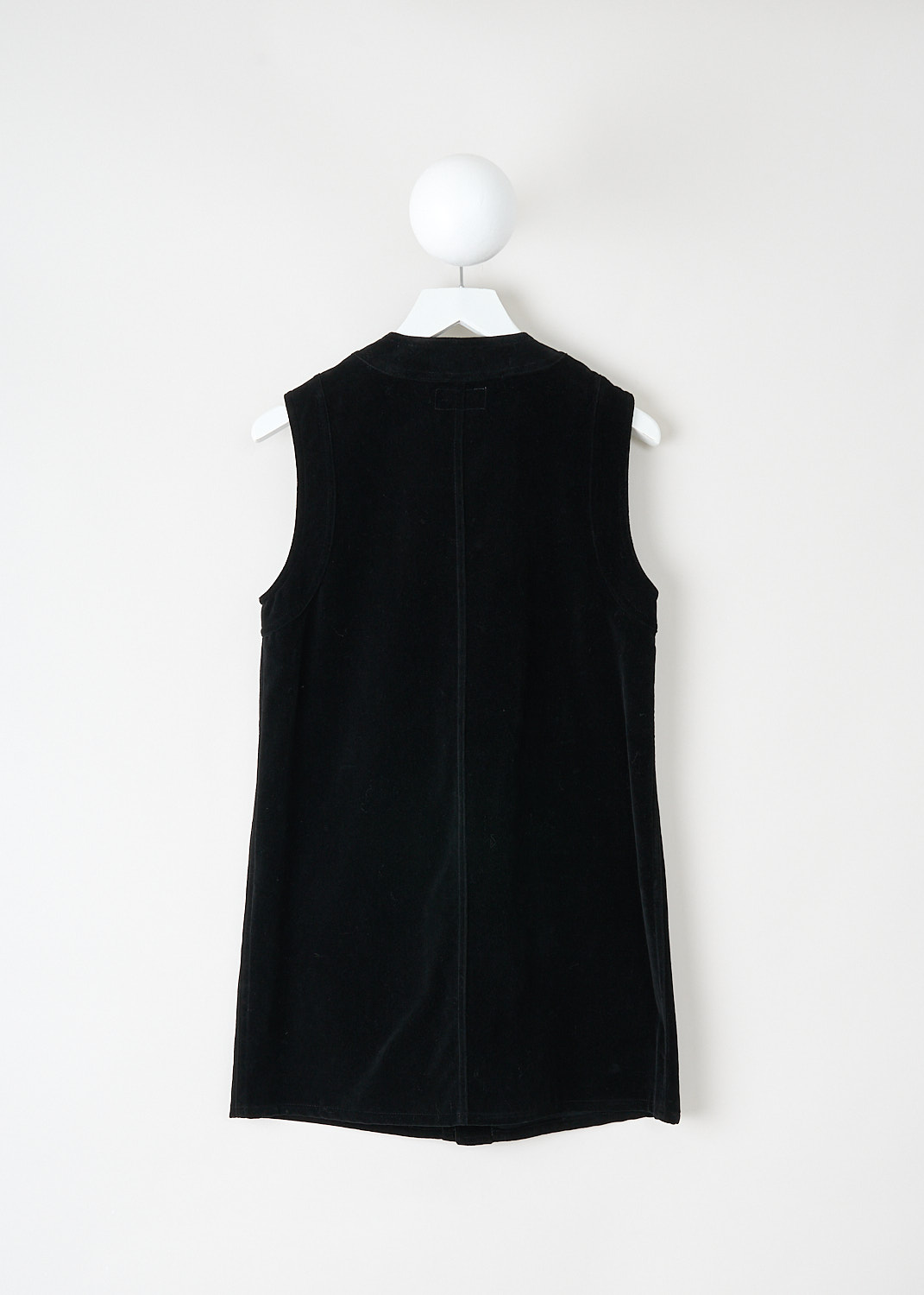 Back view of Celine black velvet sleeveless dress with clean tailored silhouette.