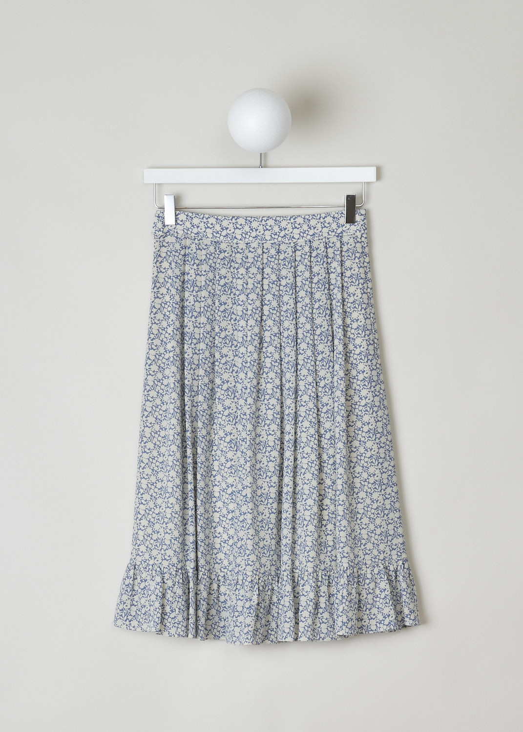 CELINE, BLUE AND WHITE FLORAL MIDI SKIRT, 757L_2J264_07BW, Blue, White, Print, Back, This blue and white floral pleated skirt has a concealed side zip, concealed slanted pockets and a flounce hemline. The skirt is midi length and is fully lined. 
