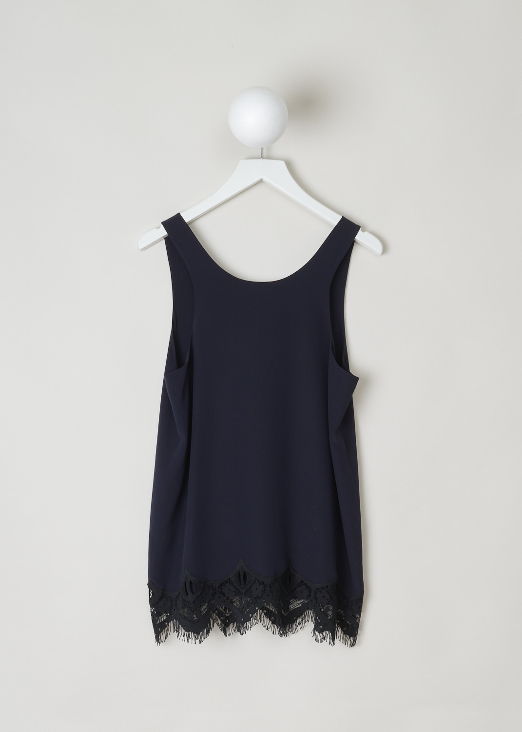 ChloÃ©, Navy tank-top with black lace detailing, 16EHT92_16E004_7V1_navy_black, blue, back, A lovely basic being this navy tank-top. Featuring a scoop neckline, and has a lace decorated hem. 