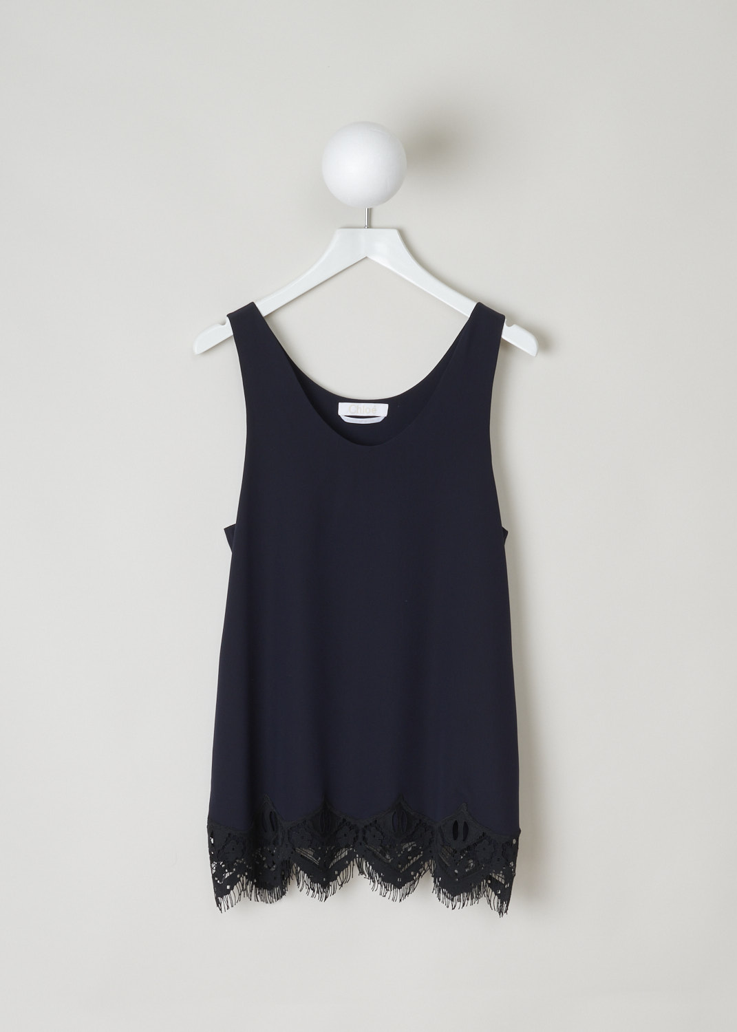 Chloé, Navy tank-top with black lace detailing, 16EHT92_16E004_7V1_navy_black, blue, front, A lovely basic being this navy tank-top. Featuring a scoop neckline, and has a lace decorated hem. 