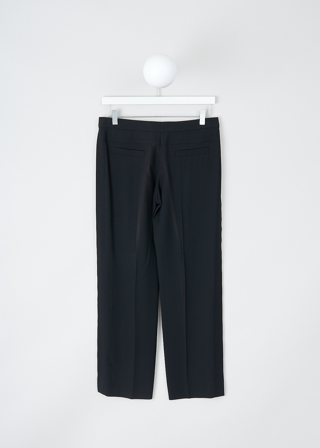 Chloé, Black crepe pants, CHC18APA95237001, Black, Back, These black crepe pants have a concealed front zip closure. These pants have slanted pockets in the front and welt pockets in the back. The pant legs have pressed creases. 
