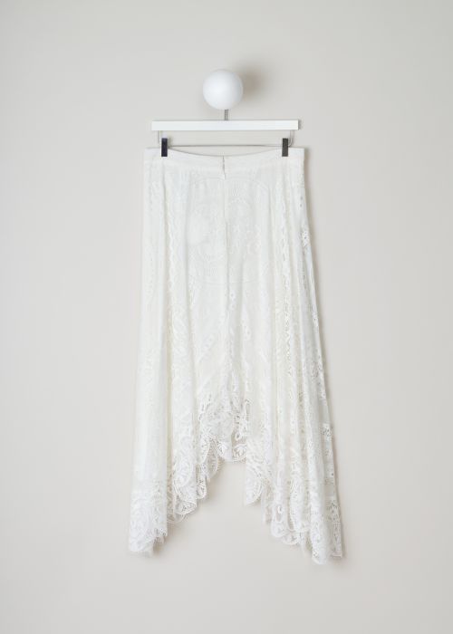 ChloÃ©, White lace skirt in an asymmetric model, CHC18SJU05404107_107_iconic_milk, white, back. Lace skirt in white, cut to an asymmetric model. Featuring a concealed zipper on the back and frilled hem. The skirt has a slim waist band and a wide fit which causes the skirt to pleat all-round. 