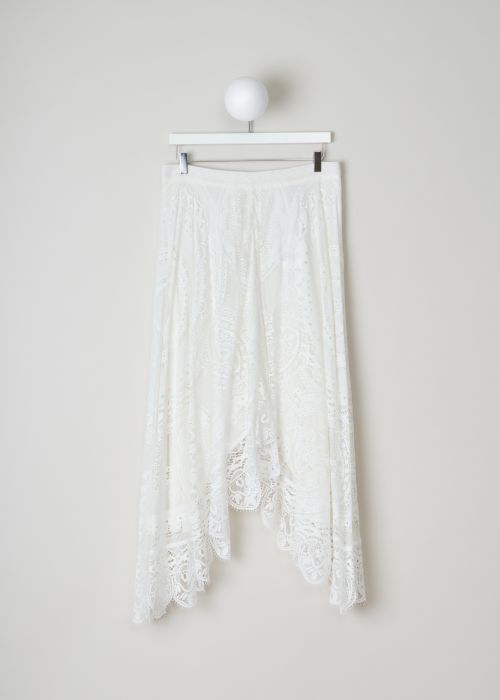 ChloÃ©, White lace skirt in an asymmetric model, CHC18SJU05404107_107_iconic_milk, white, front. Lace skirt in white, cut to an asymmetric model. Featuring a concealed zipper on the back and frilled hem. The skirt has a slim waist band and a wide fit which causes the skirt to pleat all-round. 