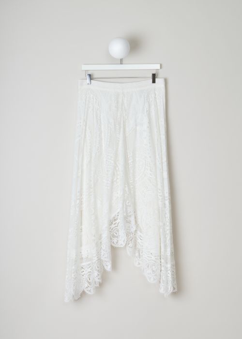 Chloé, Asymmetric white lace skirt, CHC18SJU05404107_107_iconic_milk, White, Front, This asymmetric white lace features a concealed zipper in the back. The skirt has a narrow waistband and a wide fit which causes the skirt to pleat all-round. 
