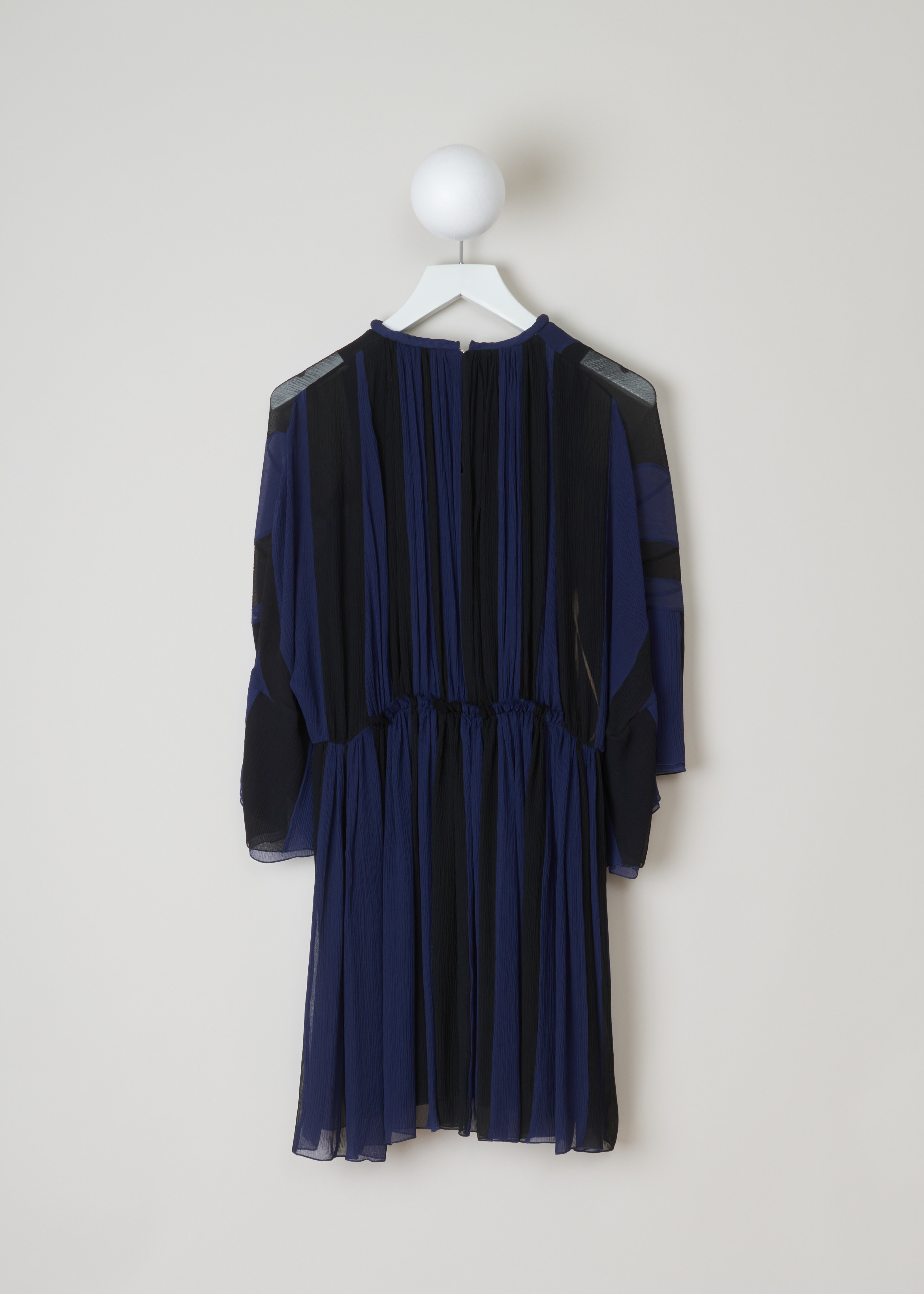 Chloé, Gathered silk crepe dress, CHC19ARO37006925_925_black_blue, Black, Blue, Back, This silk crepe dress has a vertically striped blue and black pattern. The dress has a gathered round neckline and sheer long ruffled sleeves. The dress has a ruffled waist and flared gathered midi skirt.  
