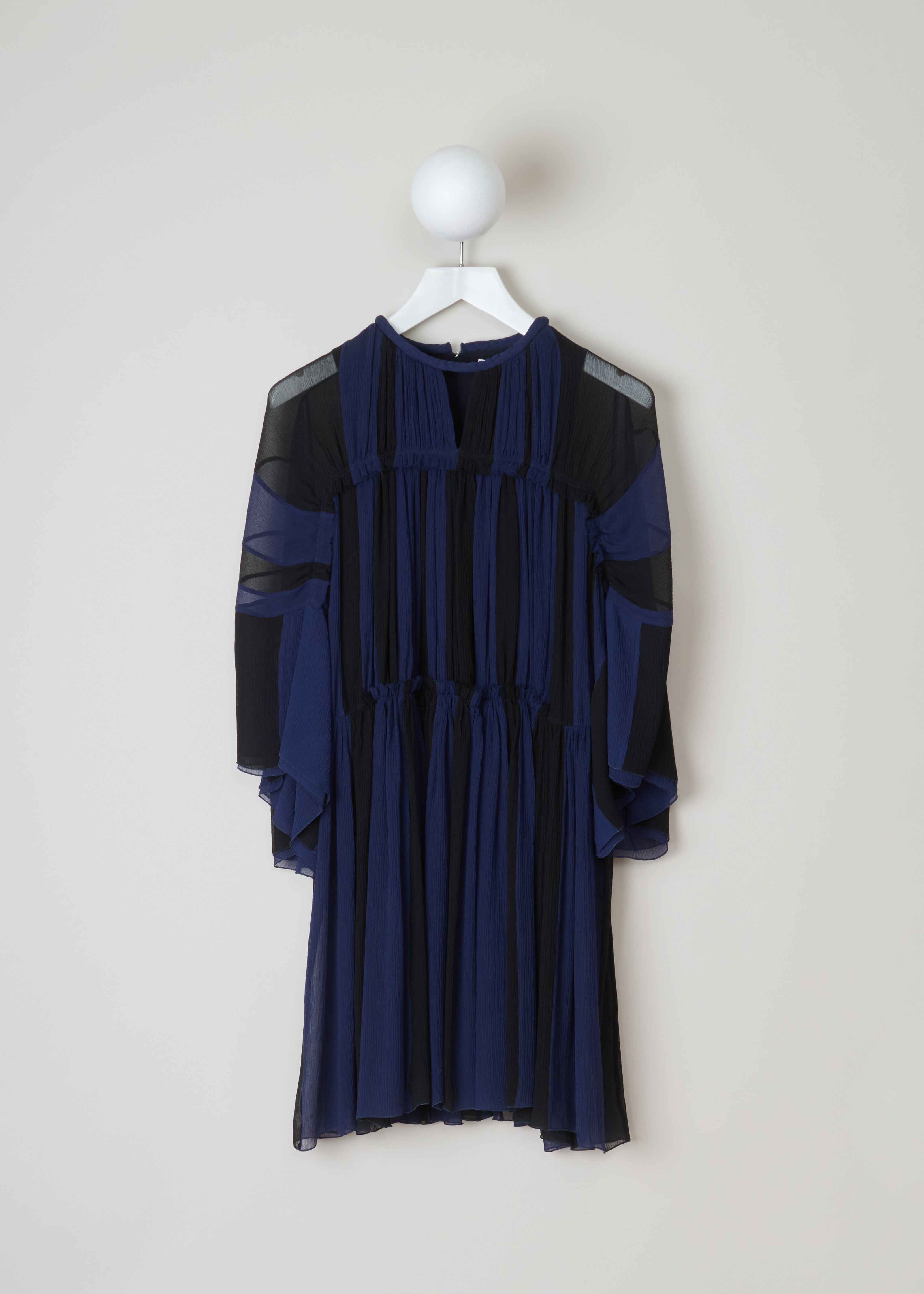 Chloé, Gathered silk crepe dress, CHC19ARO37006925_925_black_blue, Black, Blue, Front, This silk crepe dress has a vertically striped blue and black pattern. The dress has a gathered round neckline and sheer long ruffled sleeves. The dress has a ruffled waist and flared gathered midi skirt.  
