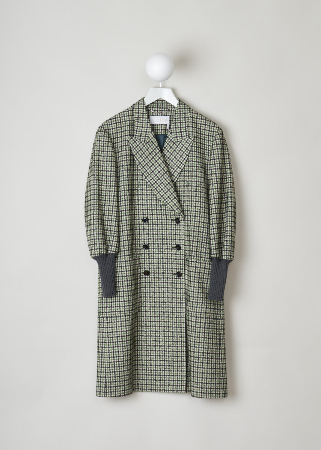 CHLOÃ‰, VIBRANT GREEN CHECK COAT, CHC21AMA1806439T40, Green, Print, Front, This beautiful vibrant green check coat is soft to the touch. This double breasted coat has a peaked lapel. Across the front, two rows with buttons can be found. Also on the front are two patch pockets. Standing out are the exaggerated knitted cuffs. 