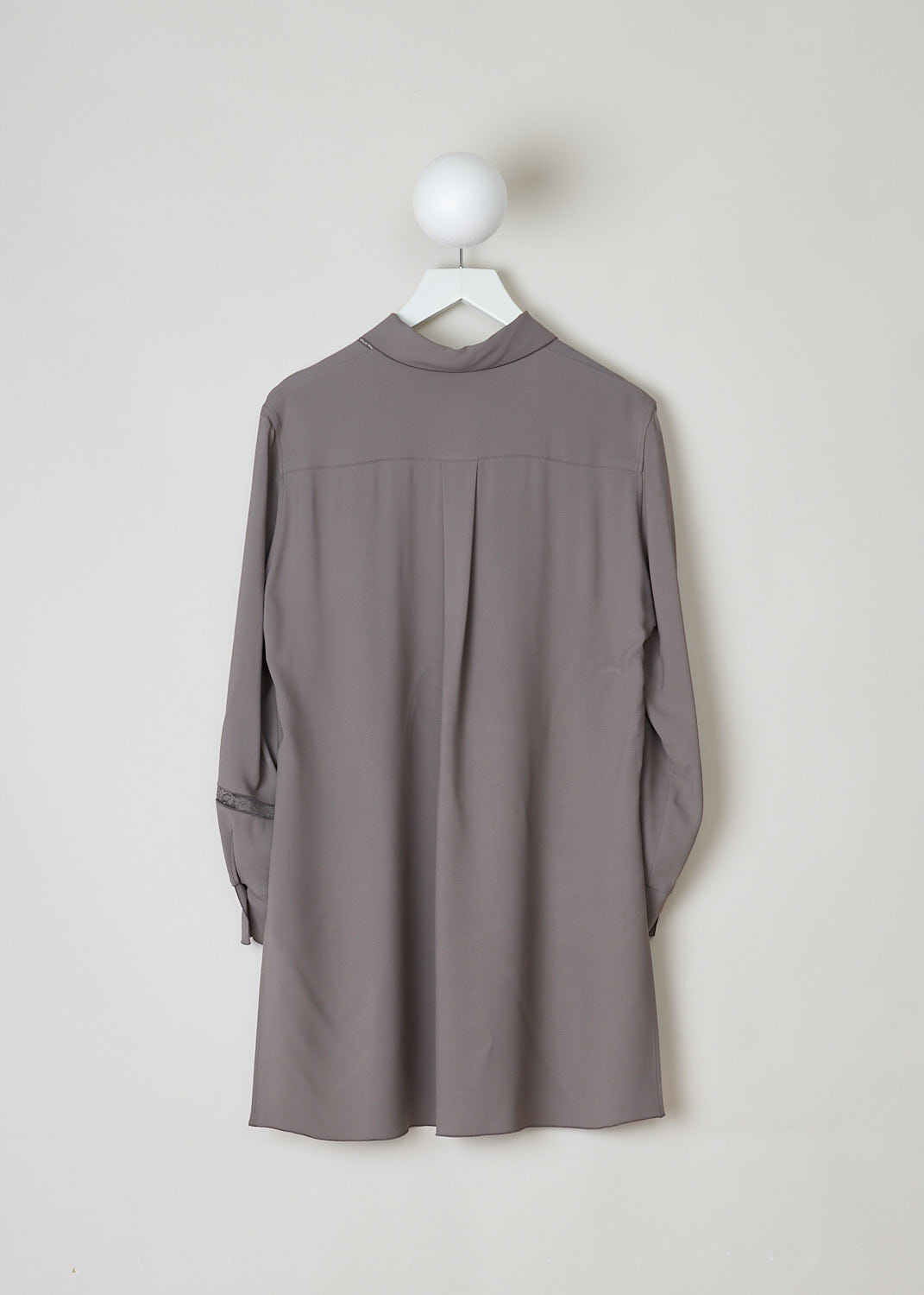 CHLOÃ‰, ANTHRACITE BLOUSE WITH LACE DETAILING, CHC21UHT09030048, Grey, Back, This long sleeve anthracite blouse features a spearpoint collar, a single breast pocket and front button closure. The blouse has an asymmetrical finish, meaning the back is longer than the front. A noticeable feature of this model is the lace inlay throughout the blouse. In the back, a single box pleat can be found.  

